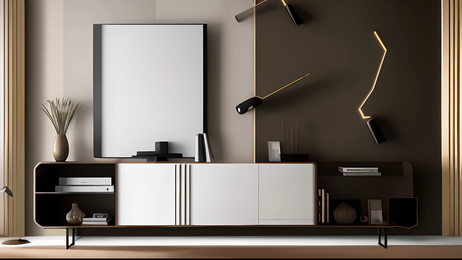 A luxurious TV cabinet with elegant design, exquisite craftsmanship, and stylish details. The cabinet is made of high-quality materials, such as polished wood and sleek metal accents, giving it a sophisticated and modern look. The TV cabinet features a spacious storage area with multiple shelves and compartments, allowing for organized placement of media devices, cables, and other accessories. It also includes built-in ambient lighting to create a cozy and inviting atmosphere. The design incorporates sleek lines, smooth surfaces, and minimalist aesthetics, showcasing a perfect blend of functionality and elegance. The colors used are warm and neutral, with a touch of sophistication. The lighting design highlights the beauty of the cabinet and enhances the viewing experience. With its attention to detail and high-quality craftsmanship, this TV cabinet is a masterpiece that adds a touch of luxury to any living space. (best quality, 4k, highres:1.2), ultra-detailed, photorealistic, modern design, polished wood, sleek metal accents, spacious storage, organized compartments, ambient lighting, cozy atmosphere, minimalist aesthetics, warm and neutral colors, sleek lines, smooth surfaces, sophisticated, inviting, beautiful craftsmanship, attention to detail, luxurious.