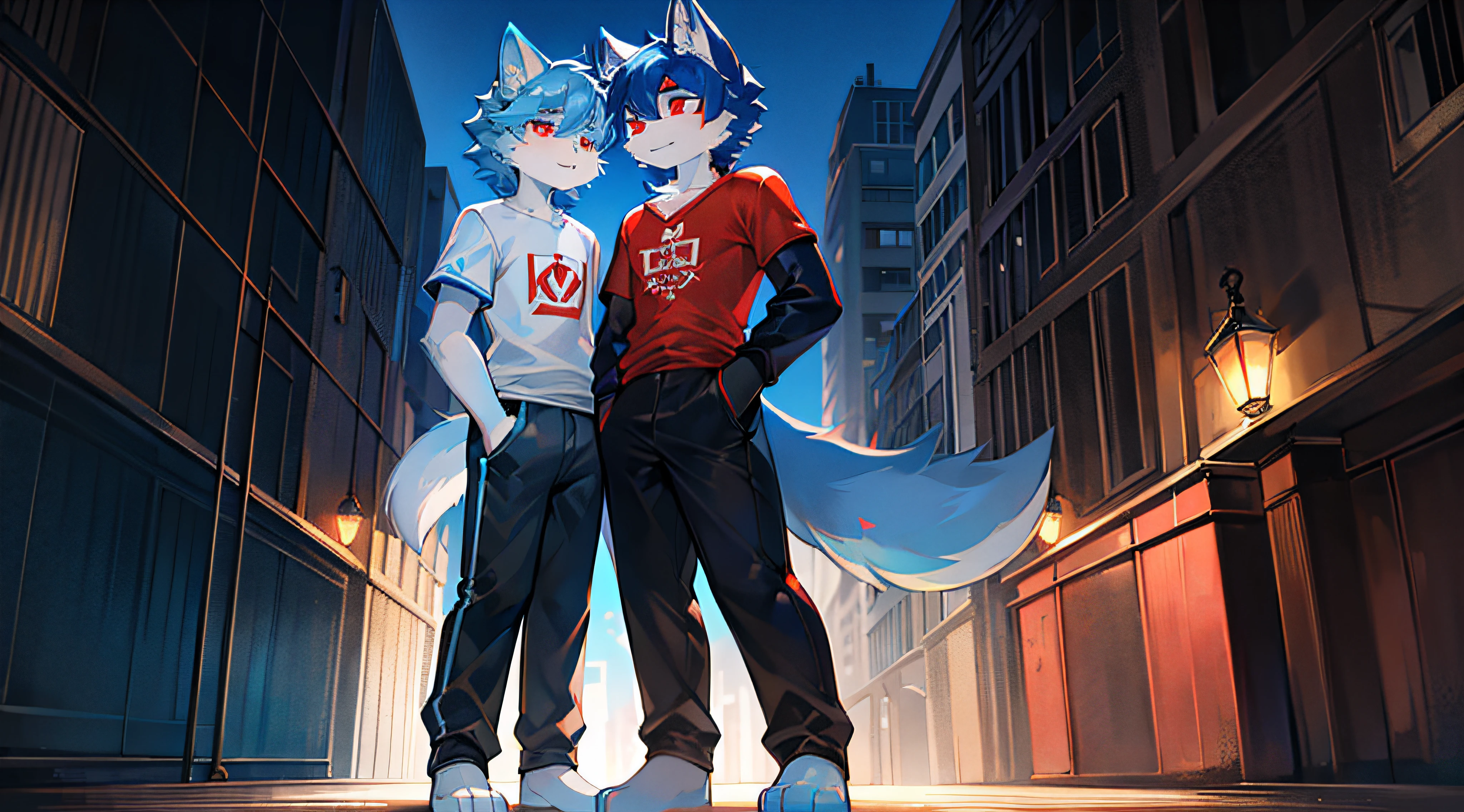 Big blue and white tail,White and blue hair,Blue and red eyes,Red pattern T-shirt, Black pantsuit,Fluffy fur,feline,Large ears, Boy student,adolable,Fur details,White and blue fur,coyote,standing on your feet, the street,Be red in the face,being thin