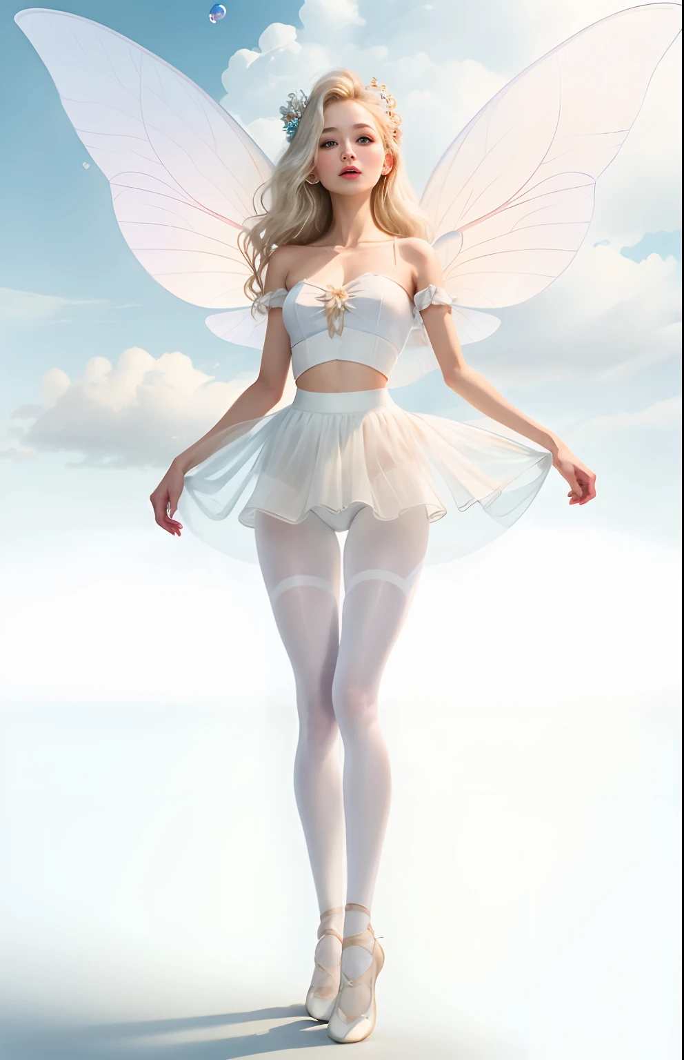 Cloud fairy from Neverland with long silver blonde hair down and porcelain white skin wearing white translucent silk bandeau top with no strings and a high-waist bubble skirt , ballet shoes with long strings, wings