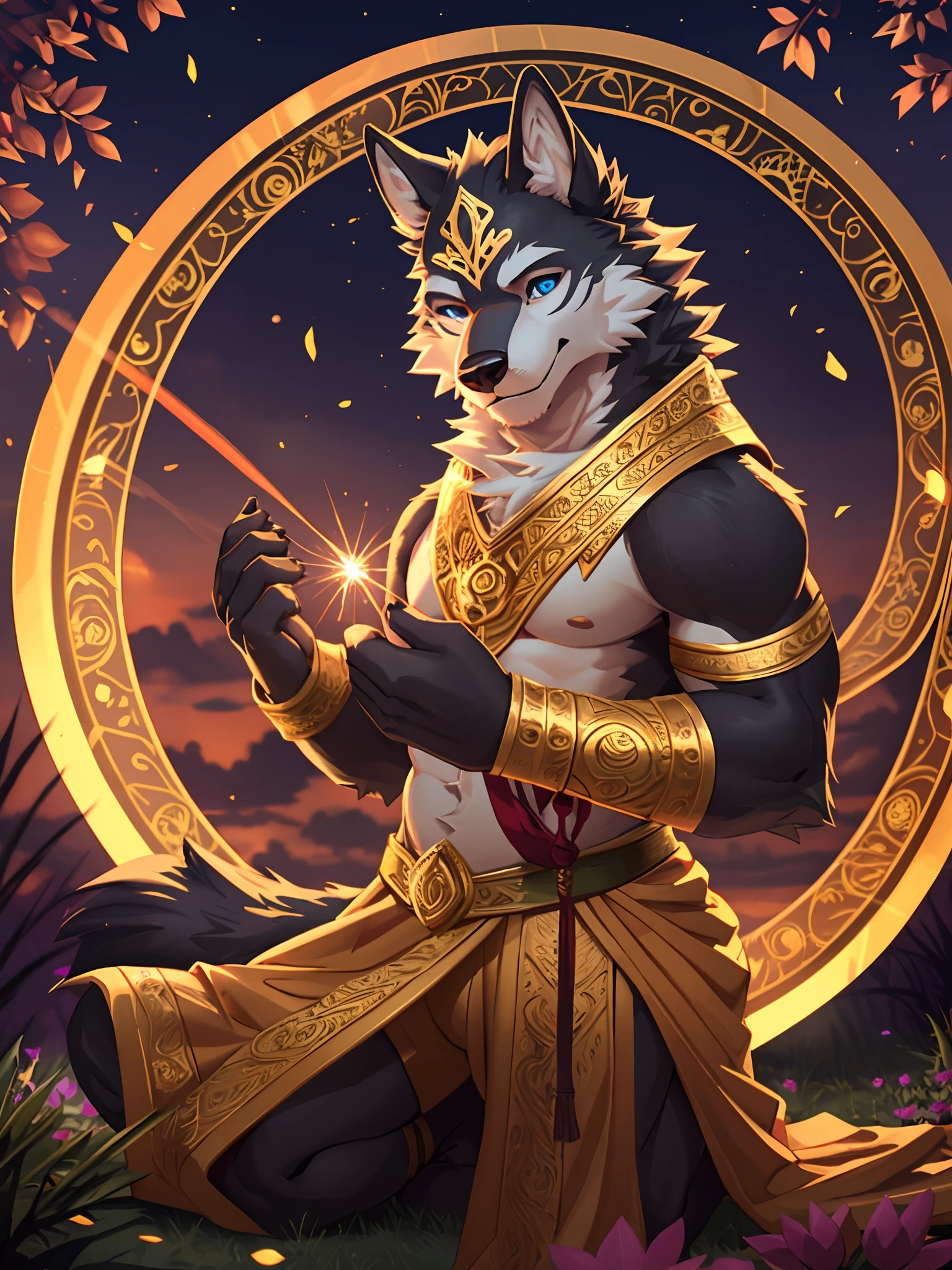 male wolf monk in the garden,dreamy background, lotus position, put one's palms together, The Sanskrit golden wheel behind it, Flying golden Sanskrit, kindness, divinity,divine light, holy light, boundless light, magnificent sunset background, octane render, gorgeous features, beautifully detailed eyes,intricate fur, detailed face, perfect skin texture, extreme details, full body view, cinematic lighting, professional lighting, centered, looking at camera, 8k, shot with Hasselblad X1D-50, maximum focus, depth of field, perfect lighting, light particles(best quality)(masterpiece)(ultra detailed)sharp focus,light particles,