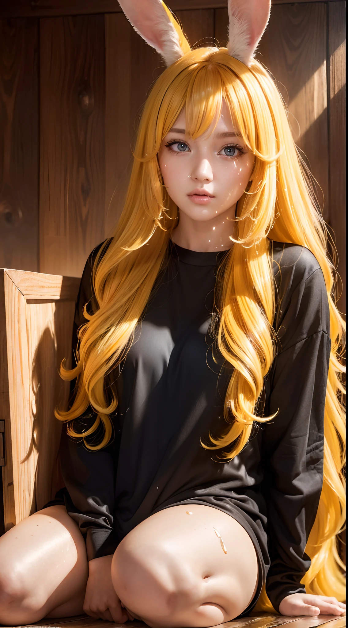 (Best quality,16k wallpaper,high resolution:1.2),(Red to yellow hair,wavy and long hair,Sparkling hair color),Perfectly detailed face,Plump lips,(Big watery eyes,Vertical pupils,reflective light),Woman with rabbit ears,Black shirt,Lazily lying in a wooden box,Soft lighting,Full body shot