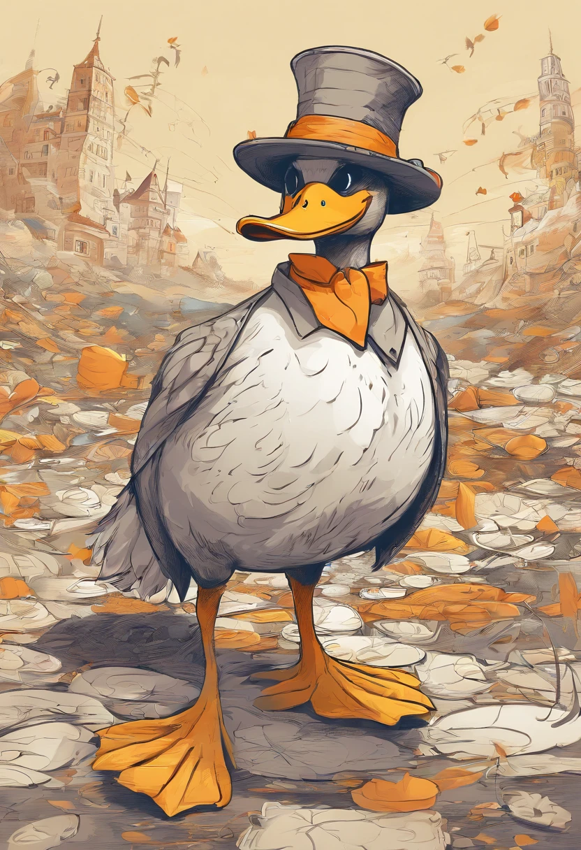 Illustration of Patorive, the detective duck. He is a yellow duck with neat feathers and an orange beak. Patorive is wearing a stylish brown detective hat on his head. With his right wing, he holds a magnifying glass over a fresh footprint in the earth. His eyes are fixed on the footprint as he examines it closely, showing his dedication to unraveling the mystery.