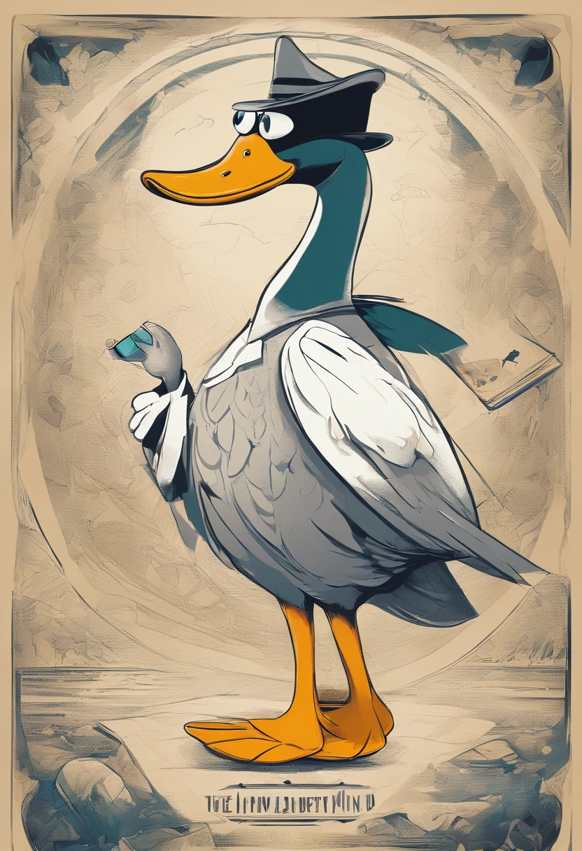 Illustration of Patorive, the detective duck. He is a yellow duck with neat feathers and an orange beak. Patorive is wearing a stylish brown detective hat on his head. With his right wing, he holds a magnifying glass over a fresh footprint in the earth. His eyes are fixed on the footprint as he examines it closely, showing his dedication to unraveling the mystery.