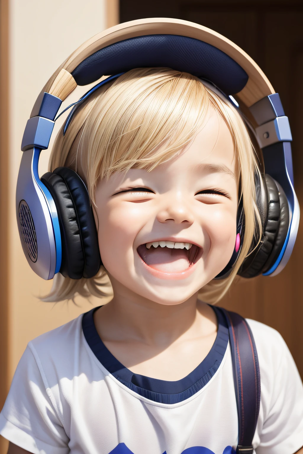 Foreigners wearing headphones Male study Laughing cute little bule a blond