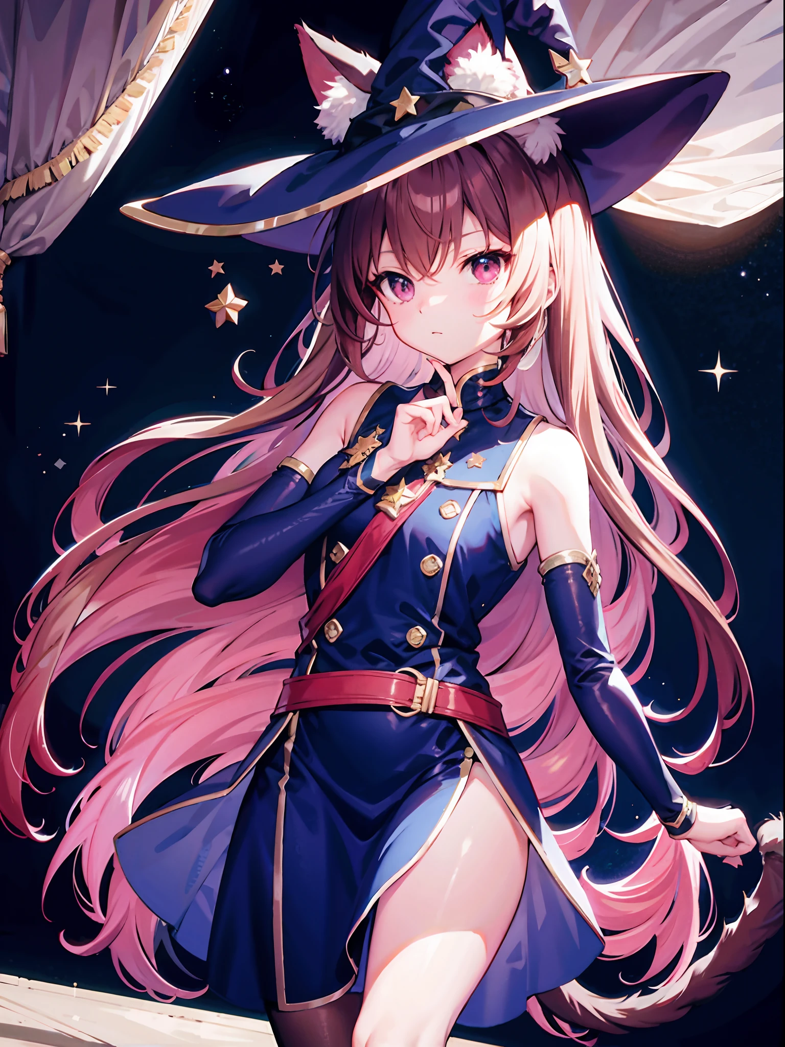 tmasterpiece,best qualtiy,A high resolution,The is very detailed,detailedbackground,1girll,standing on your feet,Short stature,face expressionless,Cat ears,a cat tail,Long khaki hair!!,red color eyes!,short- sleeved,,Blue magic robe,Witch hat,Puff sleeves, , Silent night,Brilliant starry sky