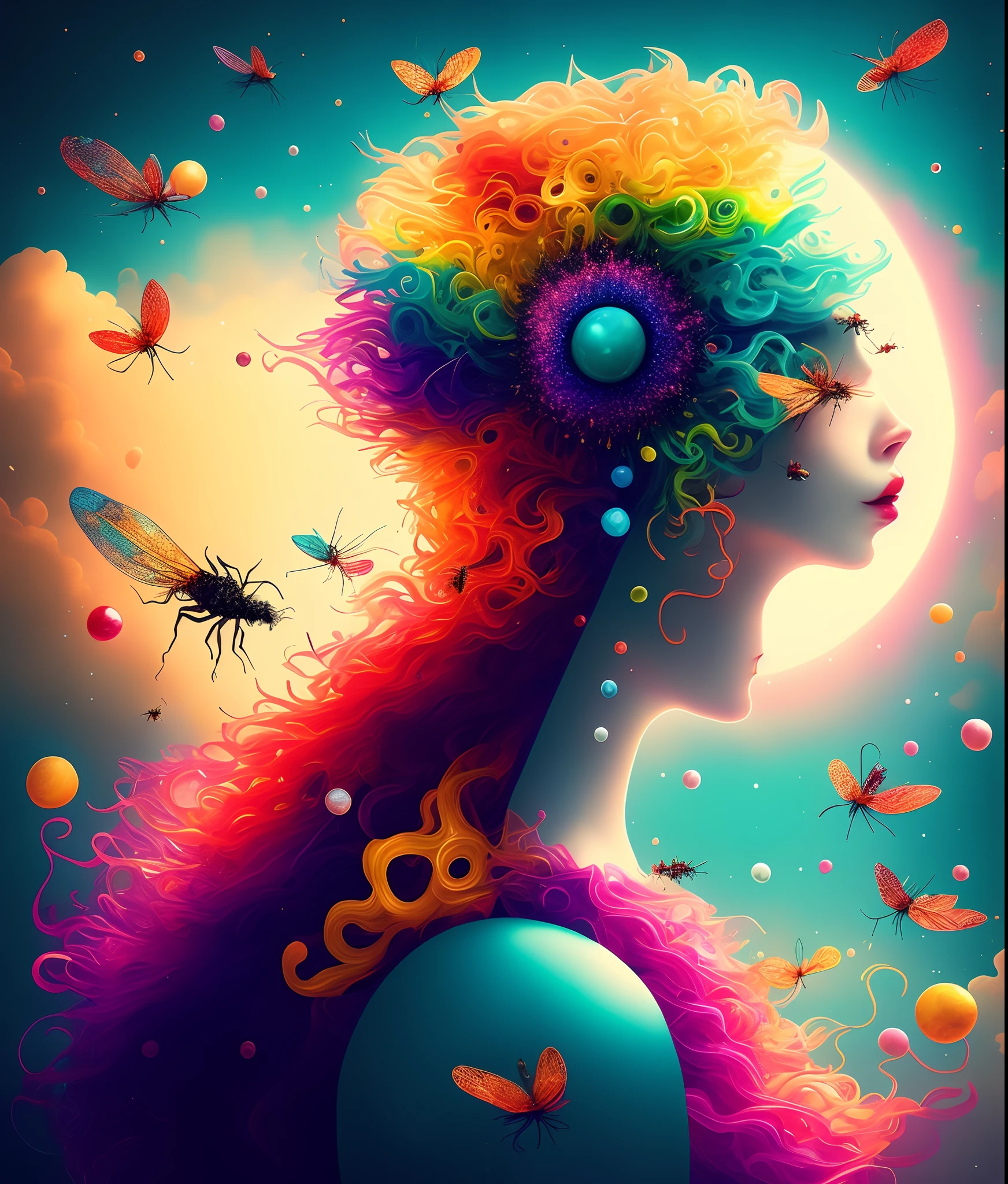 Color Pop Style, Photo photo portrait of the sun surrounded by satellites of orbiting planets, blonde spiky hair, natalie shau, Mark Ryden, Alberto Seveso, Brooke Shaden, Anna Dittmann, Flora Borsi, 8K resolution, Perfect composition, Milky way, Rainbow Color, Flying insects, scales, Wings, Blue, Texture, with an intricate, Gorgeous, Shadow, Pastel colors, 。.3D, Highly detailed, Stylishly decorated, Tim burton, Dale Chihuly, Xiaolongcheng, by Cyril Rolando, by J. Jeeg