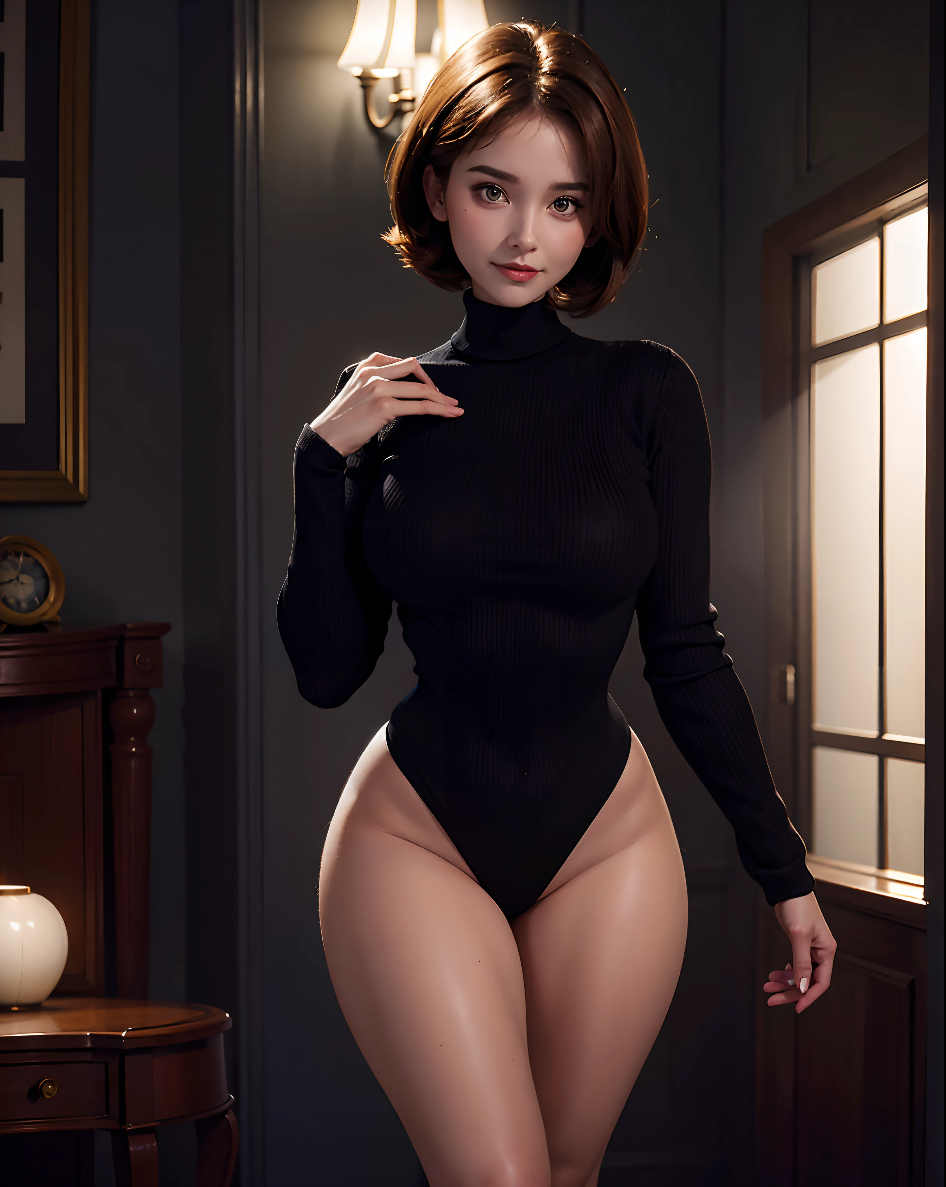 helen parr, masterpiece, best quality, solo, brown hair, brown eyes, turtleneck, sweater, short hair, turtleneck sweater, ((seductive, shy)) smile, black sweater, 1girl, indoors, black sweater, thick thighs, wide hips