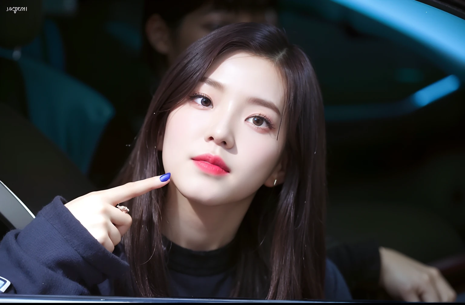 Alafed woman with red lipstick pointing at something sitting in car, jisoo of blackpink, jisoo from blackpink, portrait jisoo blackpink, she has a cute expressive face, wan adorable korean face, she has a cute face, however、Stern look about her, she has a distant expression, jossi of blackpink, Kim Do-yeon, Hwang Se - On
