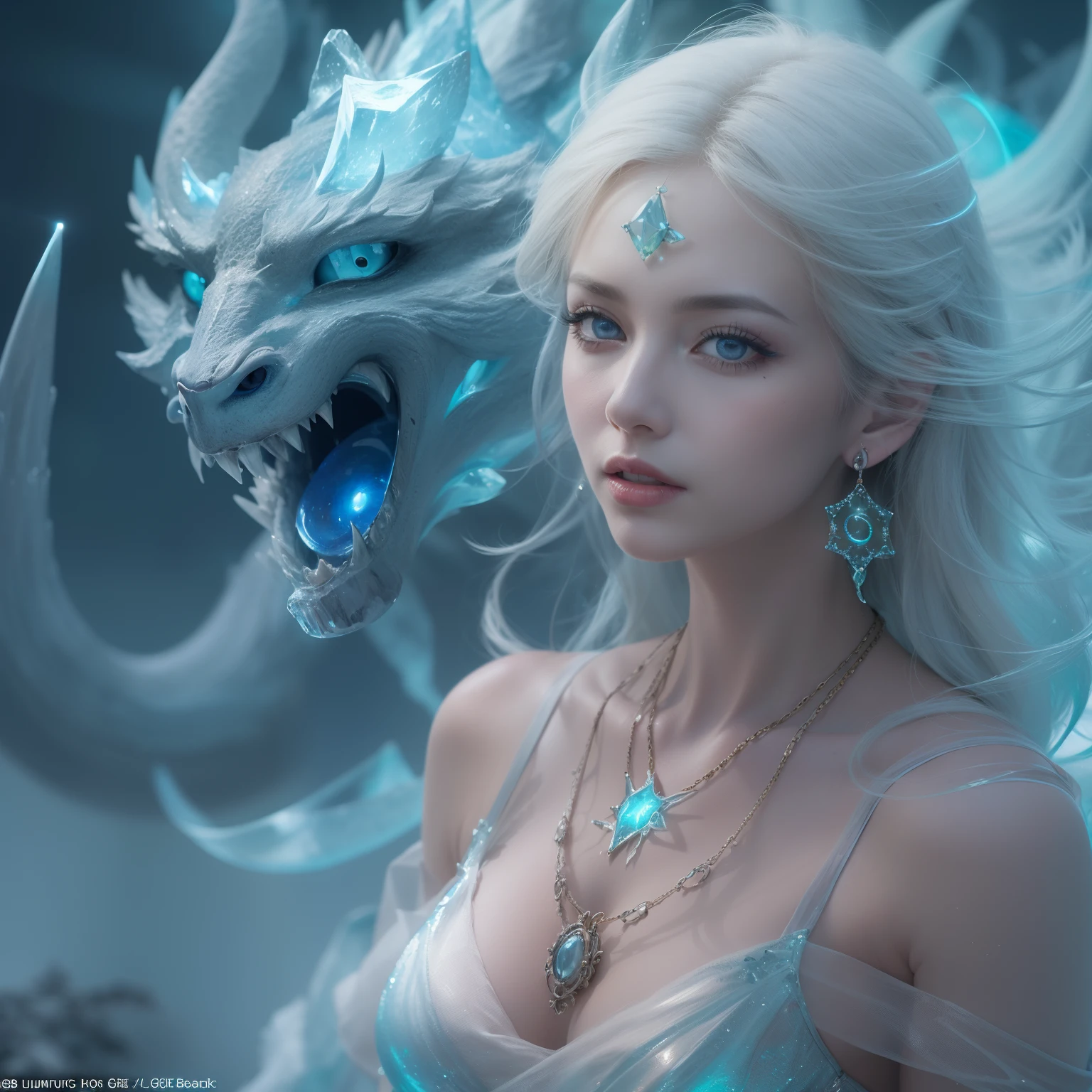 (number々Award-winning masterpieces of, with incredible detail, textures and maximum detail), (Hyper realistic:1.4), (Realistic:1.3), (Top quality real texture skins), (Fine perfectly symmetrical eyes), finerly detailed face, ((medieval world)), (full-length portrait:2), ((The Lord's Ice Devil)), ((The Lord's Frozen Frigid Devil)), (full-body view:2), (Brighten and burn your eyes like ice), (She has a mischievous smile on her face), (Eyes glowing blue in the dark:1.5), (A pair of ice blue eyes emitting a strong blue light from the inside:1.5), (full-body standing image:2), bio luminescent, (Swirling ice and strong wind on background), (Dramatic light), (A majestic sight), (Her countenance is gentle and beautiful, however、Somehow horrible), Glass earrings on the ears, (dramatic photography:1.4), ((dramatic pose)), (flamboyant photo), (Golden hair), (Silver hair), (Chestnut hair), short cut hair, ((looks up)), ((Looking down)), (Around her neck is a simple necklace of exquisite workmanship), (Bioluminescence with brilliant brilliance:1.3), (Use fancy ice magic:1.2), (Swirling ice and snow), The Great Temple of the Devil, The Devil's Grand Shrine, great temple, great cathedral, temple ruins, detached temple, (Luminous magic circle:1.5), Ruins of an ancient castle, Shining majestic cloud masses and sky, lightning bolt, Epic Realistic, Faded, Art Book, (Greg Rutkowski:0.8), (teal and orange:0.4), (Art Station:1.5), Cinematic, ((Neutral colors)), (nffsw:1.5), (Muted colors:1.2), Hyper Detailed, Dramatic light, (Intricate details:1.1), Complex background,