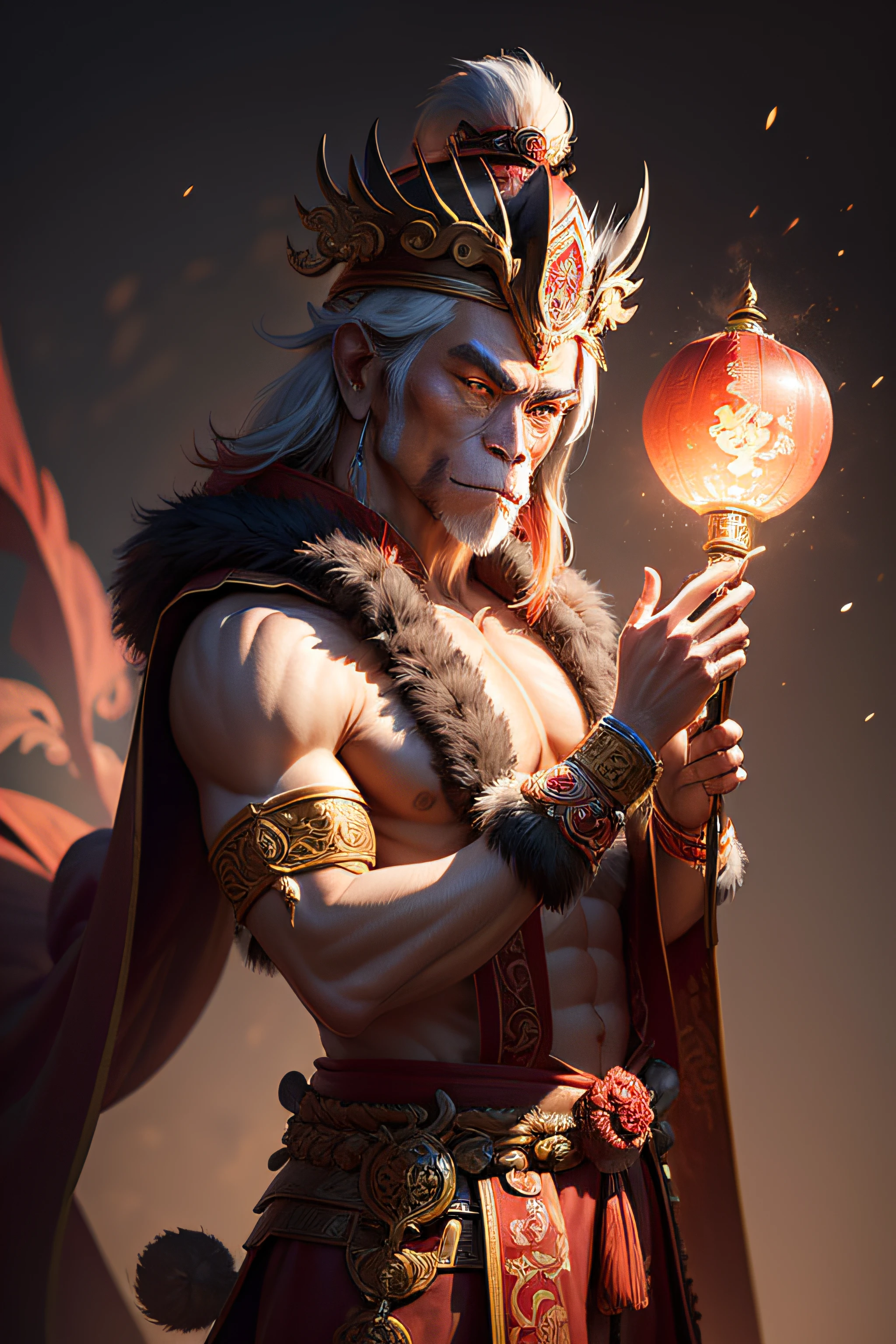 In a realistic professional and marketing photoshoot, capture the majestic presence of the Monkey King, a revered character in the Chinese epic Journey to the West. Highlight his intricate costume adorned with vibrant colors, intricate details, and vivid symbolism. Through careful lighting and composition, showcase his fierce yet noble expression, embodying the strength and spirituality of both Taoist and Buddhist deities. This portrait demands exceptional attention to detail, emphasizing the Monkey King's iconic features and a sense of timeless power.