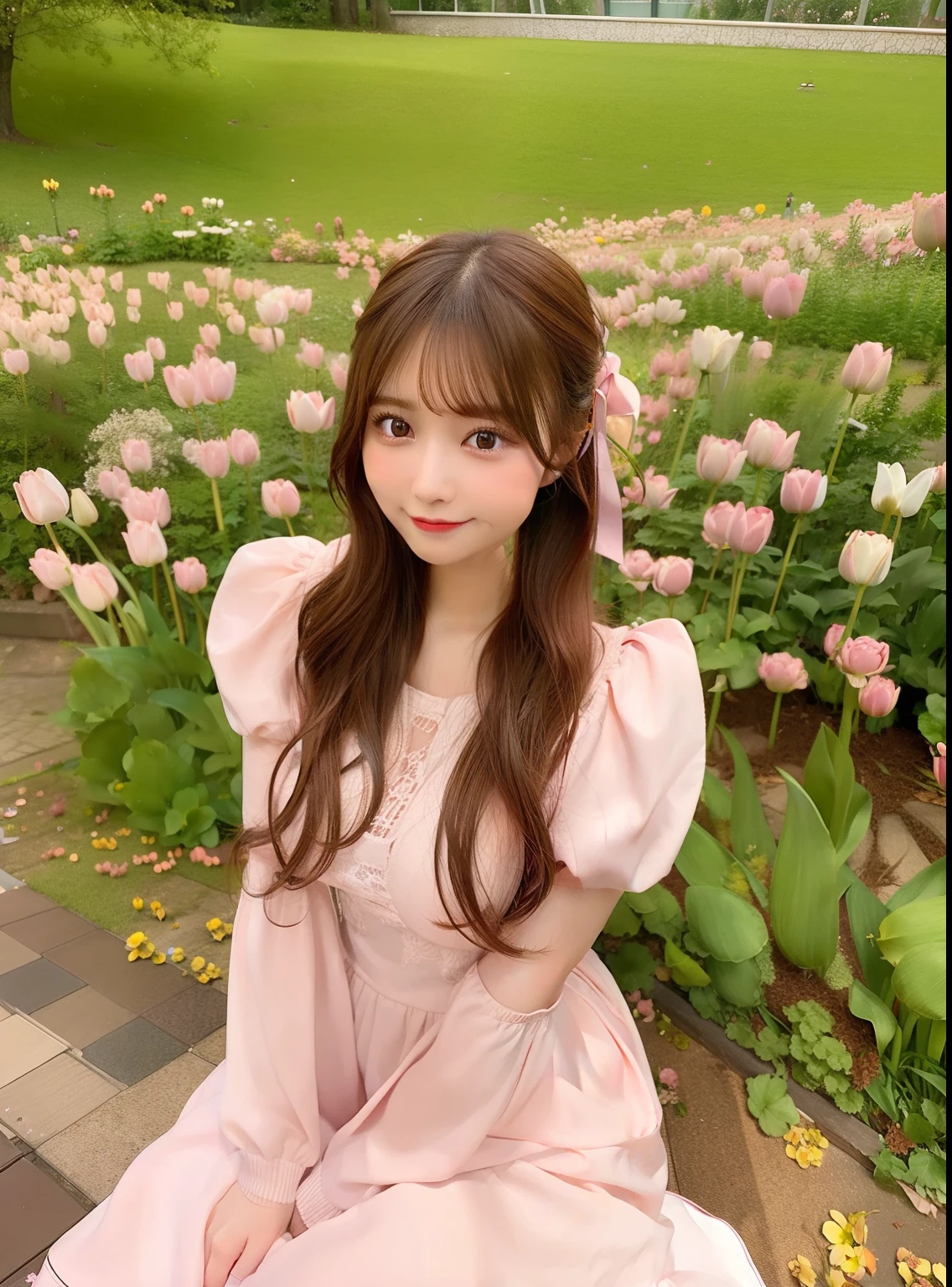 Close-up of a woman in pink dress standing in front of a flower, ulzzangs, belle delphine, zmonzheng, chiho, sakimichan, cute cute, Cute and lovely, xintong chen, young and cute girl, With long hair, shaxi, portait photo profile picture, cute beautiful, jisoo from blackpink