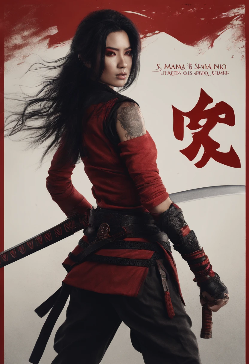 super realistic red demon sexy hot woman with red eyes waring Samurai top cargo trouser with sword and black messy hair, tattoos on the body, full body, styled messy hair, rpg style, samurai style, dark style, red japanese text in background