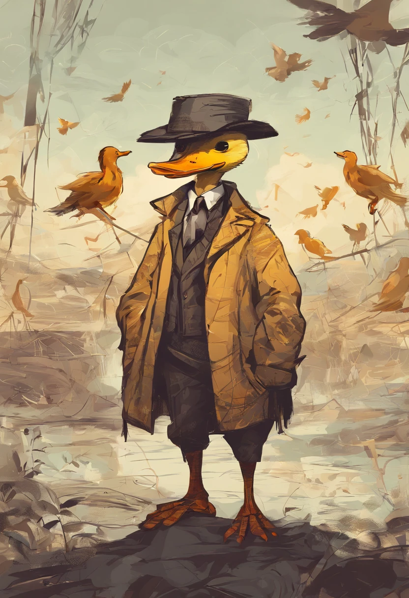 Illustration by Patorive, o pato detetive. He is a yellow duck with neat feathers and an orange beak. Patorive is wearing an elegant brown detective hat on his head. Com sua asa direita, ele segura uma lupa sobre uma pegada fresca na terra. His eyes are fixed on the footprint as he examines it intently, showing his dedication to unraveling the mystery.