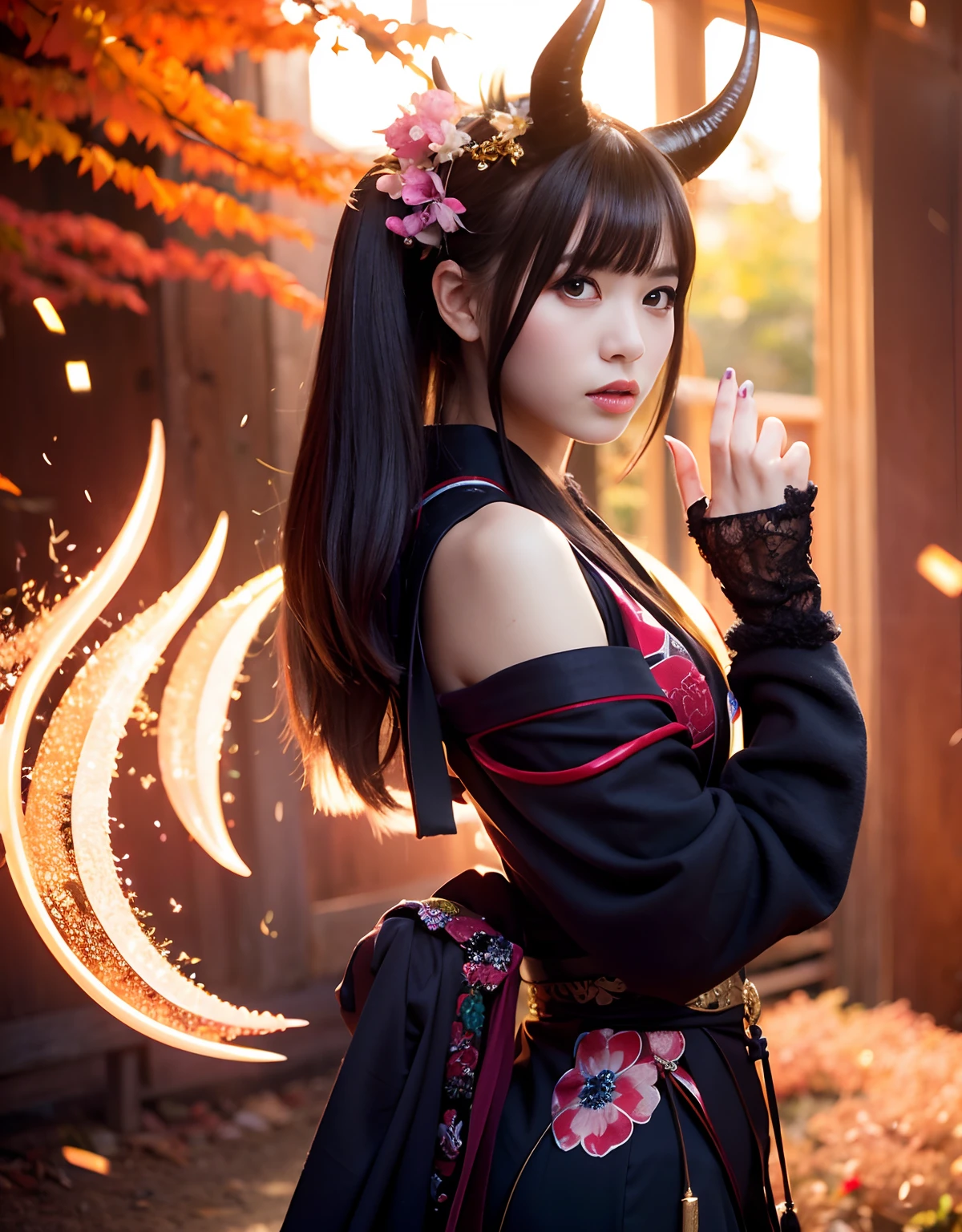 ((World of Darkness)),Professional , masterpiece、top-quality、photos realistic , depth of fields 、(Maiko's hairstyle)、(Background of cherry blossoms in full bloom),(Ultimate Beauty)、Red-haired、(Fight ninjas)、(Kimono with beautiful pattern)、(Night background)、((a dark night)),(Wear a beautiful kimono),(Wear a beautiful kimono with colorful floral patterns)、Jewel Gold Weapon、Particles of light),(Has a devil's mask)、Gorgeous gold weapons ,(( Gorgeous Dragon Sword)) , (a dark night),,(maikurobikini) 、((Black Haired Beautiful Girl))、(Castle background)、(demonic wings)、((Gangle's forest background))、Beautiful Caucasian beauty、1a person、dynamic ungle,(((Two devil's horns on the head)))、Smaller head、Idle Smile、Thin and beautiful female hands、Mystical expression、Light Effects、intense fighting、Wind-effect、magic circles、With the legendary magic wand、Dragon's tail、Anatomically correct body、