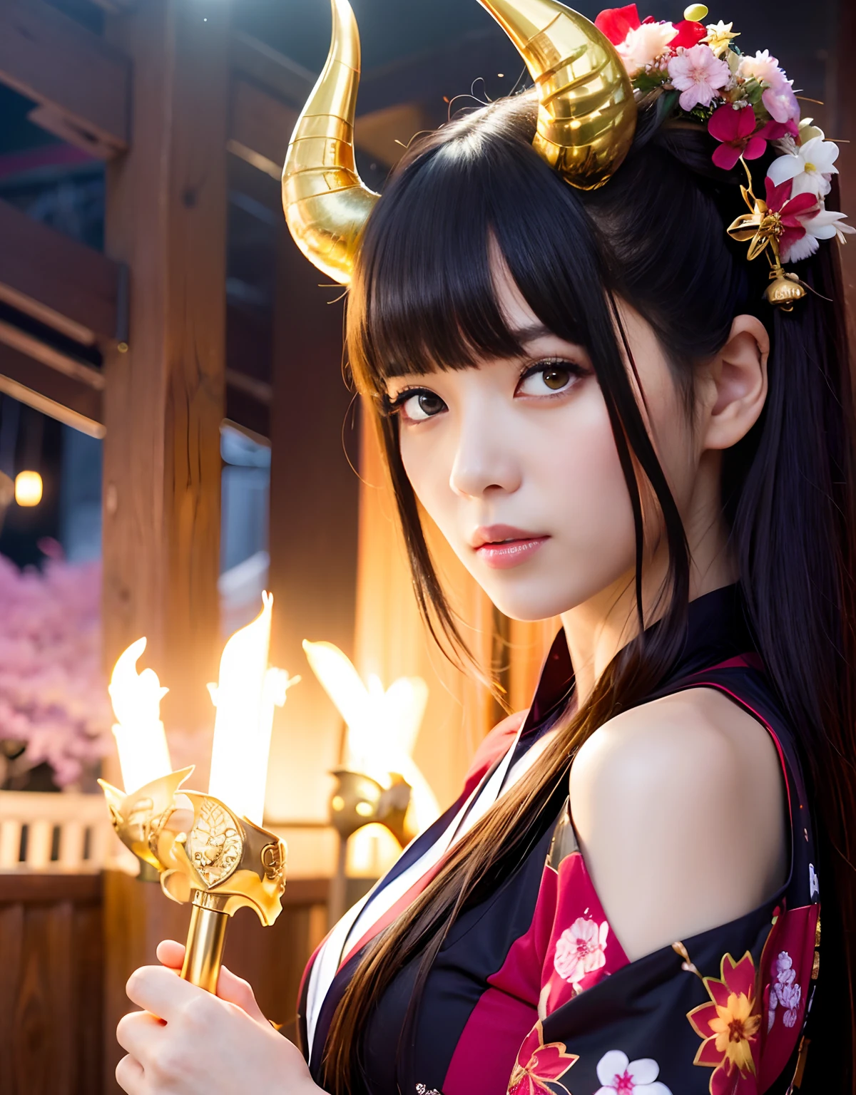 ((World of Darkness)),Professional , masterpiece、top-quality、photos realistic , depth of fields 、(Maiko's hairstyle)、(Background of cherry blossoms in full bloom),(Ultimate Beauty)、Red-haired、(Fight ninjas)、(Kimono with beautiful pattern)、(Night background)、((a dark night)),(Wear a beautiful kimono),(Wear a beautiful kimono with colorful floral patterns)、Jewel Gold Weapon、Particles of light),(Has a devil's mask)、Gorgeous gold weapons ,(( Gorgeous Dragon Sword)) , (a dark night),,(maikurobikini) 、((Black Haired Beautiful Girl))、(Castle background)、(demonic wings)、((Gangle's forest background))、Beautiful Caucasian beauty、1a person、dynamic ungle,(((Two devil's horns on the head)))、Smaller head、Idle Smile、Thin and beautiful female hands、Mystical expression、Light Effects、intense fighting、Wind-effect、magic circles、With the legendary magic wand、Dragon's tail、Anatomically correct body、
