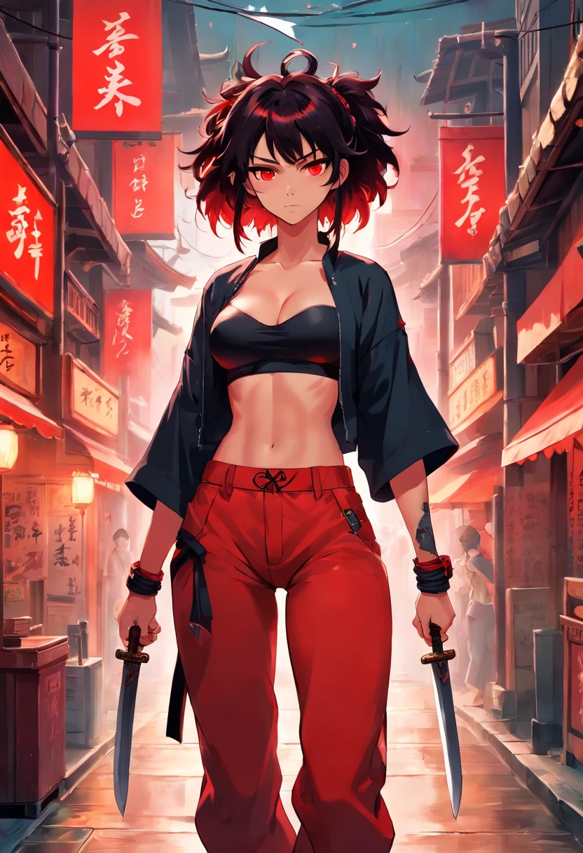 super realistic red demon sexy hot woman with red eyes waring Samurai top cargo trouser with sword and black messy hair, tattoos on the body, full body, styled messy hair, rpg style, samurai style, dark style