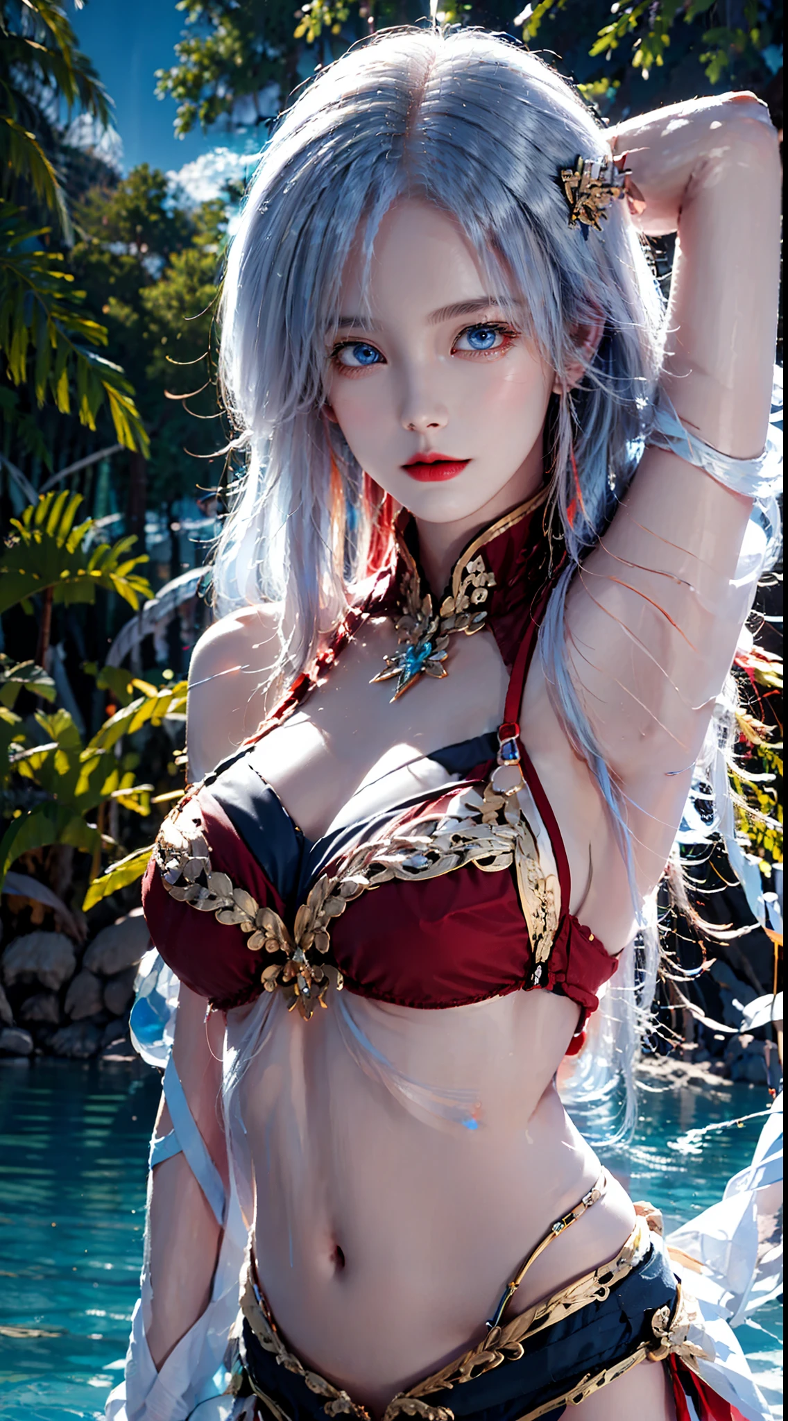 photography awards, masterpiece, blue hair, blue eyes, photorealistic, high resolution, soft light, red t-shirt, 1women, solo, hips up, Gamer girl, Game center, arcade, shining skin, dynamic pose, bright, Game center background, high background detail, dim light, night, pink headphone