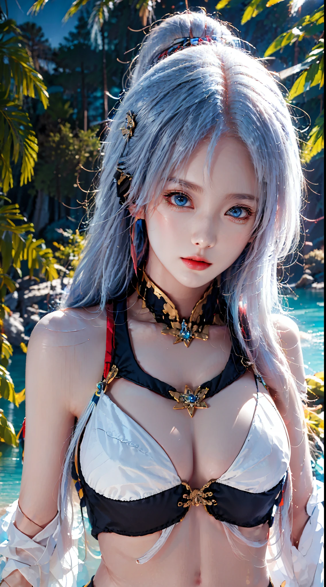 photography awards, masterpiece, blue hair, blue eyes, photorealistic, high resolution, soft light, red t-shirt, 1women, solo, hips up, Gamer girl, Game center, arcade, shining skin, dynamic pose, bright, Game center background, high background detail, dim light, night, pink headphone