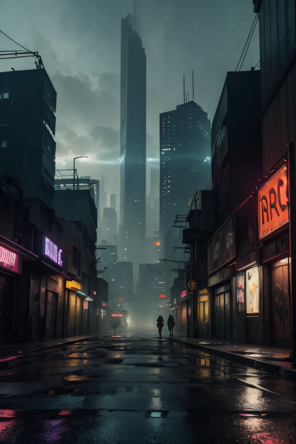 (empty city street,cyberpunk style,Blade Runner 2049),(best quality,4k,8k,highres,masterpiece:1.2),ultra-detailed,(realistic,photorealistic,photo-realistic:1.37),moody lighting,dark atmosphere,neon lights,reflection on wet pavement,abandoned buildings,intricate details,high-tech cityscape,hovering vehicles,silhouettes of distant figures,dystopian future,gritty urban environment,industrial aesthetics,glowing signs,shadows and mist,rainy weather,slight fog,deserted alleys,limited color palette,blue and purple hues,ominous feeling,loneliness and solitude,post-apocalyptic vibe,concrete jungle,towering skyscrapers,glass and steel structures,crumbling facades,futuristic architecture,street art with vibrant colors,cracks and decay,graffiti-covered walls,electronic billboards,smoke and steam,hidden entrances and underground passages,mysterious atmosphere,something lurking in the shadows,hauntingly beautiful