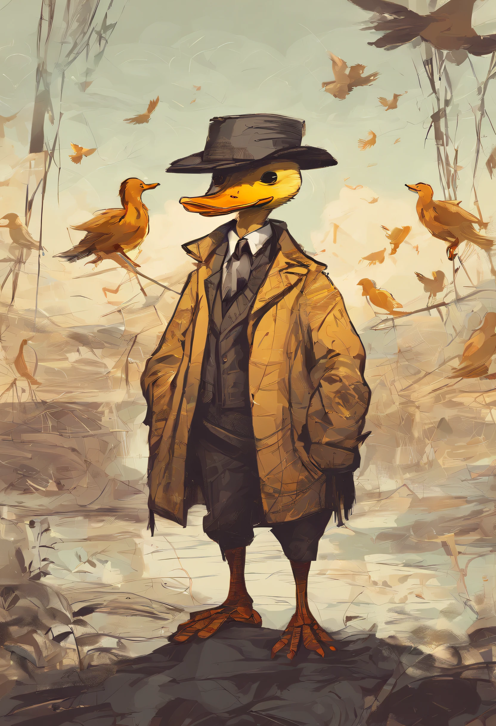 Illustration by Patorive, o pato detetive. He is a yellow duck with neat feathers and an orange beak. Patorive is wearing an elegant brown detective hat on his head. Com sua asa direita, ele segura uma lupa sobre uma pegada fresca na terra. His eyes are fixed on the footprint as he examines it intently, showing his dedication to unraveling the mystery.