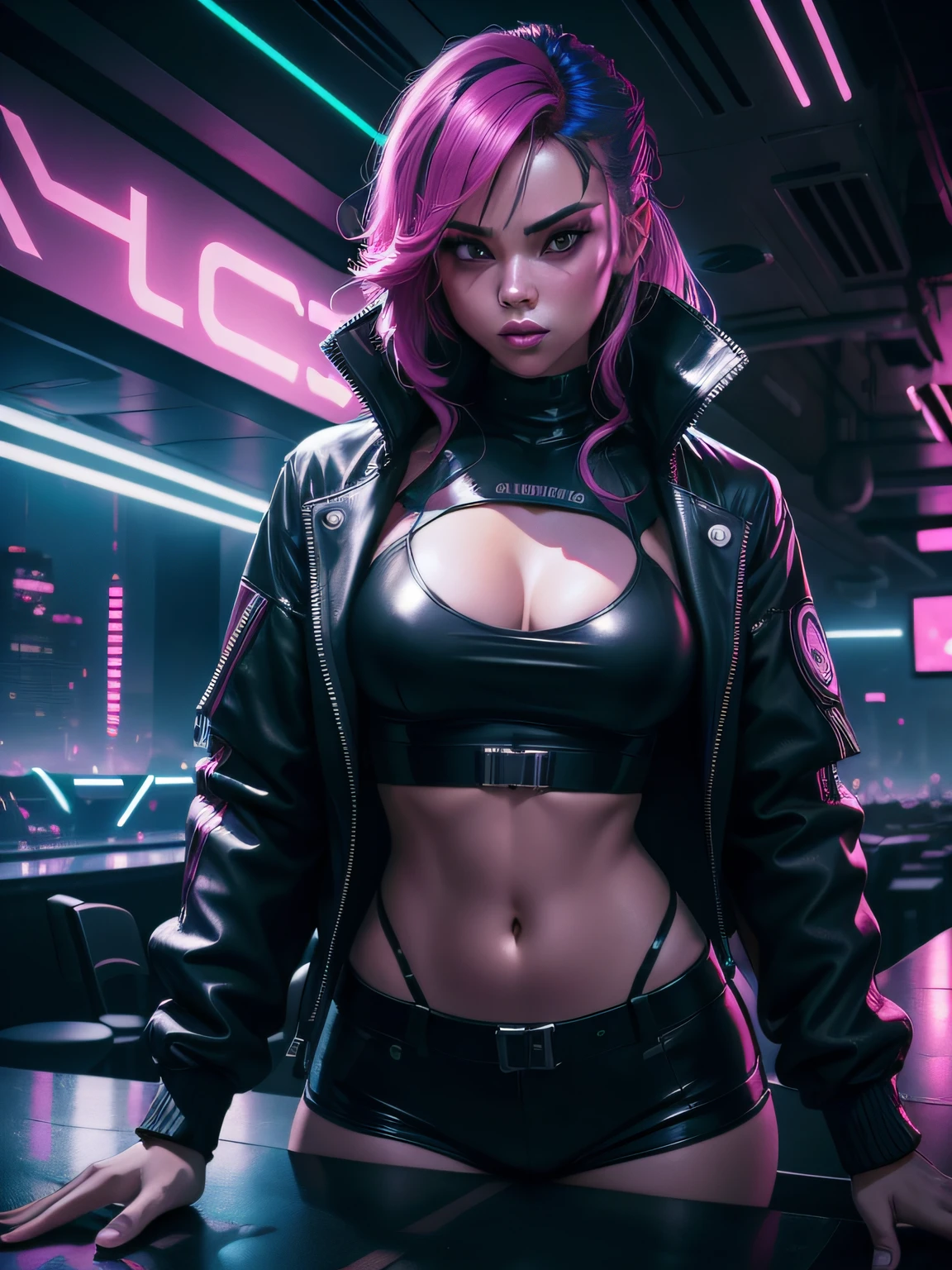 cgmech, interior medium shot of a beautiful cyberpunk character, women urbansamurai inside a nightclub wearing a (techwear jacket:1.2), that accentuates her curves and gives her a powerful, yet sleek appearance with voluminous, brightly dyed hair, in the style of a Blade Runner aesthetic. The camera angle is positioned just outside the bar area, The nightclub's interior is a mix of industrial and cyberpunk elements and (reflective surfaces:1.2), with neon lights casting a colorful glow throughout the space. Her hair is styled in a thick, voluminous way that catches the light, adding to the futuristic, edgy feel of the scene. The lighting is dim and moody, with neon lights reflecting off the bar's surface and casting shadows on the woman's face, creating a cinematic and atmospheric ambiance, , ((masterpiece, best quality))simple background