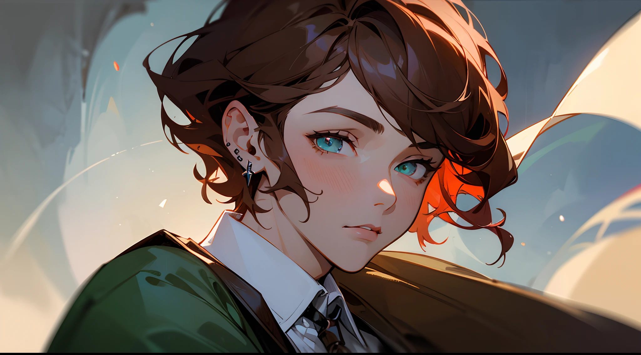 ((tmasterpiece)),(((beste-Qualit))), Close-up of young boy with brown hair, Subsurface scattering skin, Attractive humanoid, in rustic clothes, shirt, high detail, Skinny fantasy man, Fan art, Art, looks at the viewer, handsome male, ruddy, Green eyes, Skinny face, sunken cheeks, Beautiful deep gaze, seductive gaze, Melancholic appearance, sharp chin, Smooth face, earring in the ear, Hair gradient, hair color from brown to red, thin eyebrows, short hair on the side, pixie hairstyle, Wavy Hair, Dark Forest, the night, dim moonlight, Silvery mist, a closeup of a