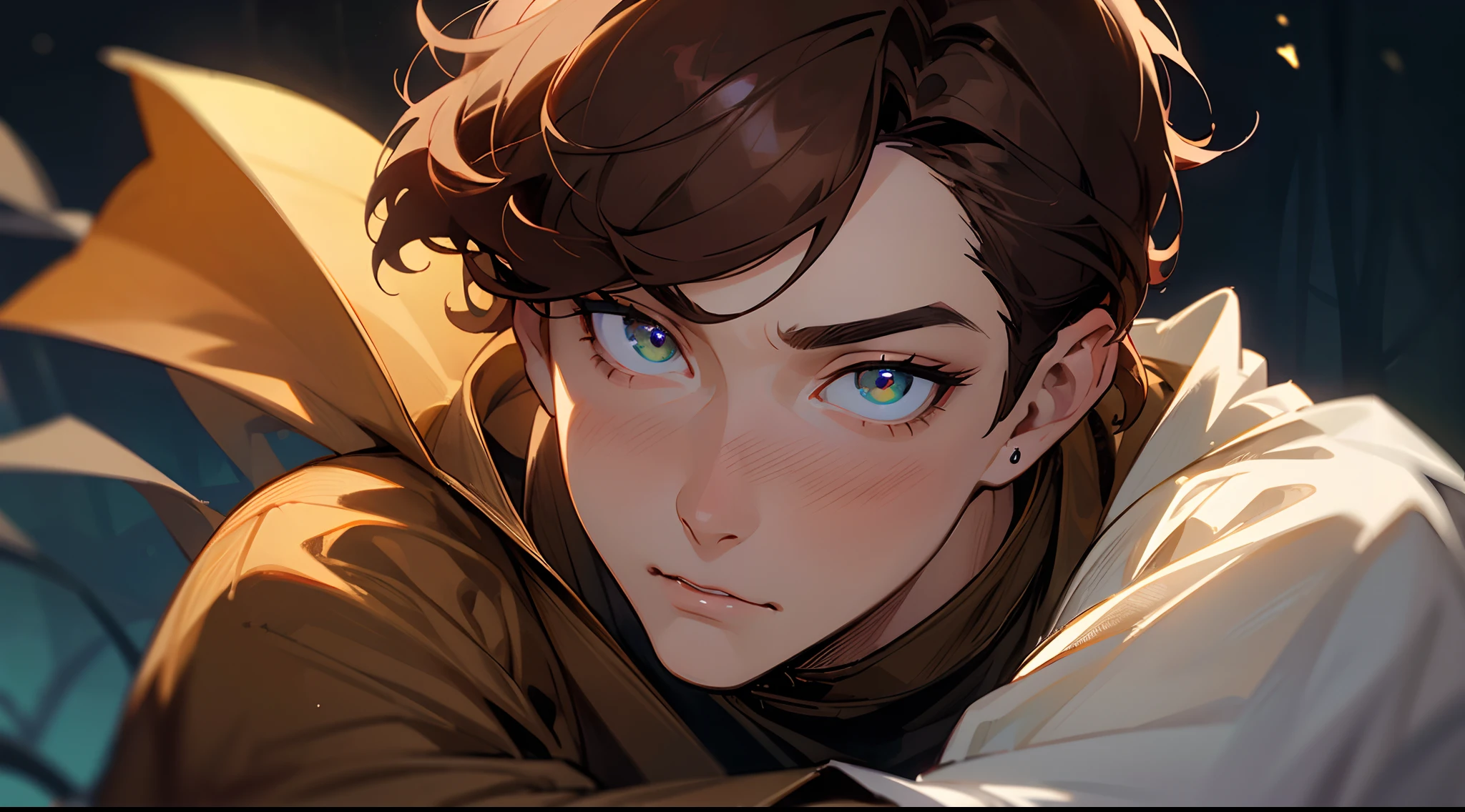 ((tmasterpiece)),(((beste-Qualit))), Close-up of young boy with brown hair, Subsurface scattering skin, Attractive humanoid, in rustic clothes, shirt, high detail, Skinny fantasy man, Fan art, Art, looks at the viewer, handsome male, ruddy, Green eyes, Skinny face, sunken cheeks, Beautiful deep gaze, seductive gaze, Melancholic appearance, sharp chin, Smooth face, earring in the ear, Hair gradient, hair color from brown to red, thin eyebrows, short hair on the side, pixie hairstyle, Wavy Hair, Dark Forest, the night, dim moonlight, Silvery mist, a closeup of a