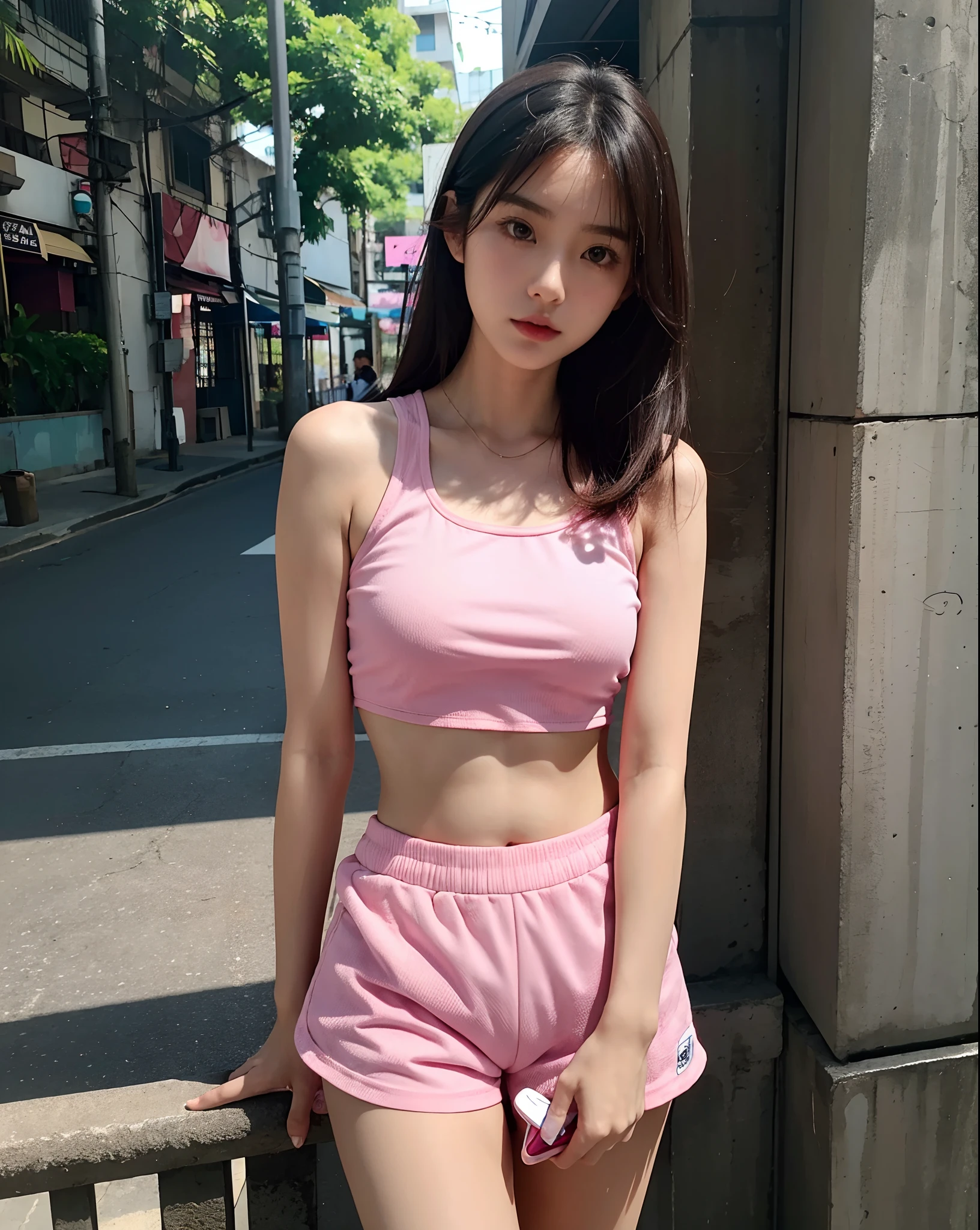 ((Best Quality, 8K, Masterpiece: 1.3)), 1girl, Slim Abs Beauty: 1.3, (Short hairstyle, ), Pink skirt: 1.1, Super fine face, Detailed eyes, Double eyelids, Street view, stockings,
