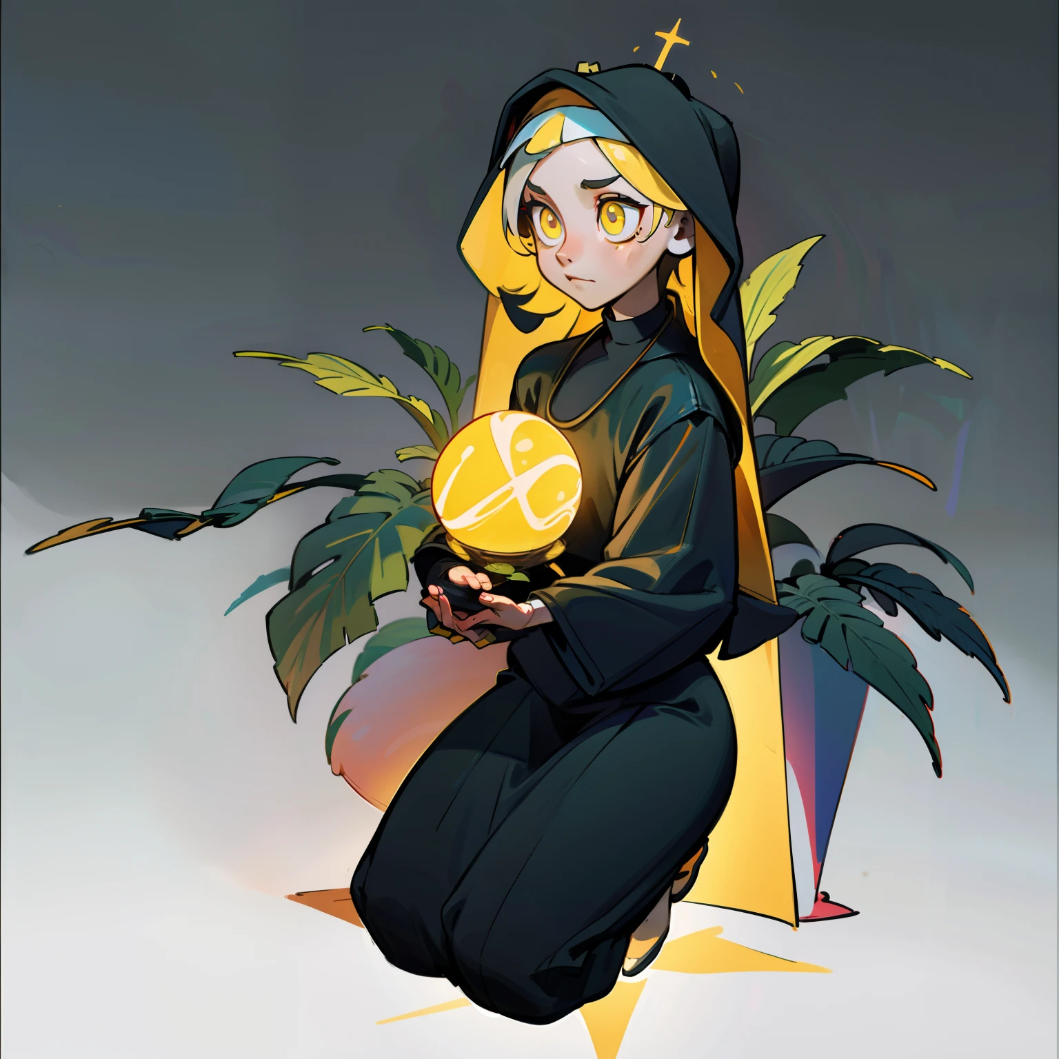 masutepiece, Best Quality, 4K, 超A high resolution, ultra-detailliert, High resolution, Ultra HD, sophisticated details, Backlight, ((Full body shot)), ((No background)), ((White background)), Praying Nun, Chibi, Has a glowing round orb, plant skin, black and yellow eyes,