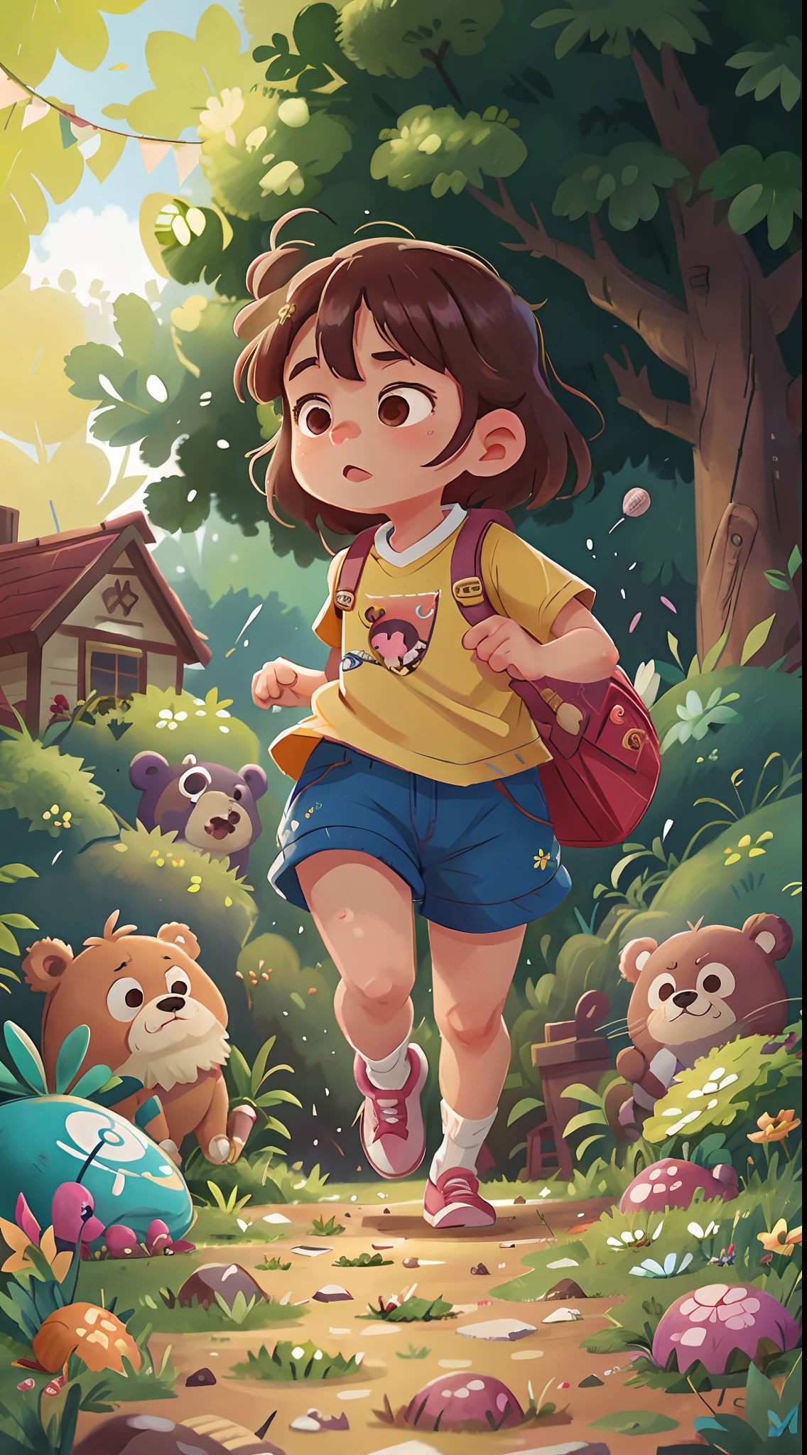 A 6-year-old girl is running in a garden, she is wearing gardener's clothes, is scared, Scared, side view of the scene, Perfect quality, Clear focus (mess - house: 0.8), (masutepiece: 1.2) (Realistic: 1.2) (Bokeh) (Best Quality) (Detailed skin: 1.3) (Intricate details) (8K) (Eye Detail) (Sharp Focus), (Unhappy)、Stuffed Bear、chum