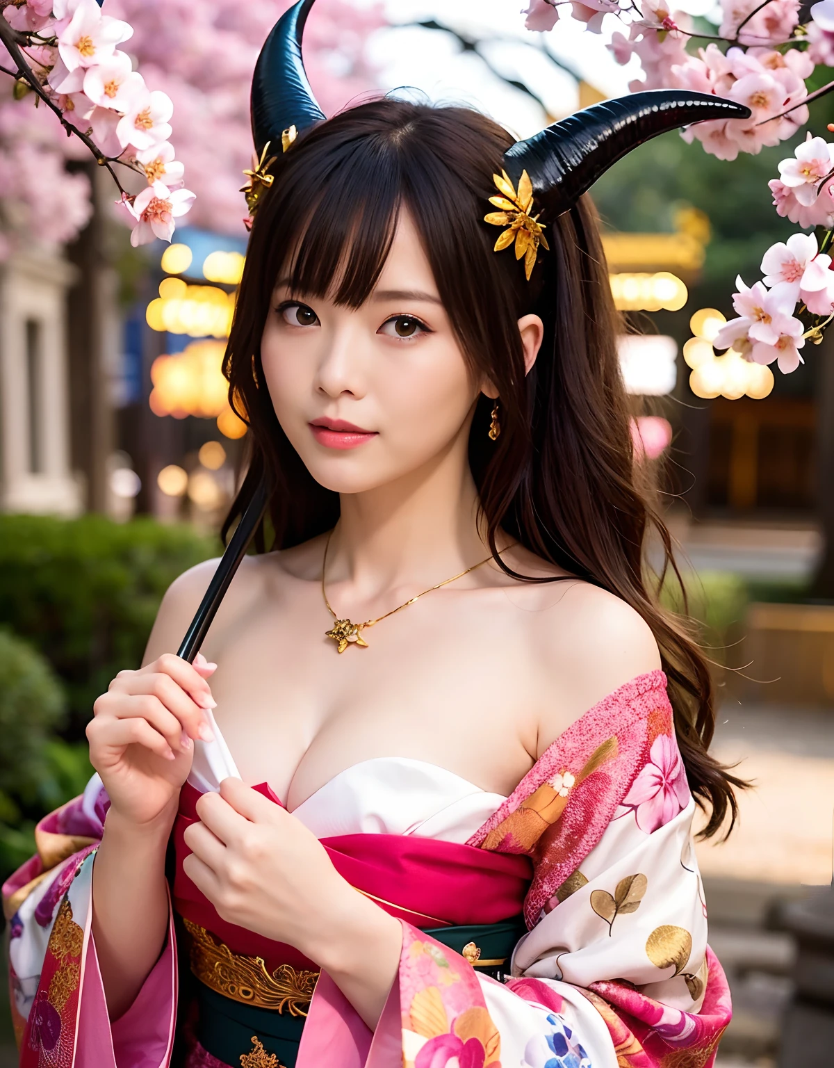 ((World of Darkness)),Professional , ​masterpiece、top-quality、photos realistic , depth of fields 、（sexypose）、(Background of cherry blossoms in full bloom),（Ultimate Beauty）、A dark-haired、（)、（Kimono with beautiful pattern）、（Night background）、（（Wearing a skeleton helmet））,(Wear a beautiful kimono),（Wear a beautiful kimono with colorful floral patterns）、Jewel Gold Weapon、Particles of light),（Has a devil's mask）、Gorgeous gold weapons ,Skeleton population、（（ Gorgeous Dragon Sword）） , （a dark night）,,（maikurobikini） 、（（Black Haired Beautiful Girl））、（Castle background）、（demonic wings）、（（Gangle's forest background））、Beautiful Caucasian beauty、１a person、dynamic ungle,(((Two devil's horns on the head)))、Smaller head、Idle Smile、Thin and beautiful female hands、Mystical expression、Light Effects、intense fighting、Wind-effect、magic circles、With the legendary magic wand、Dragon's tail、