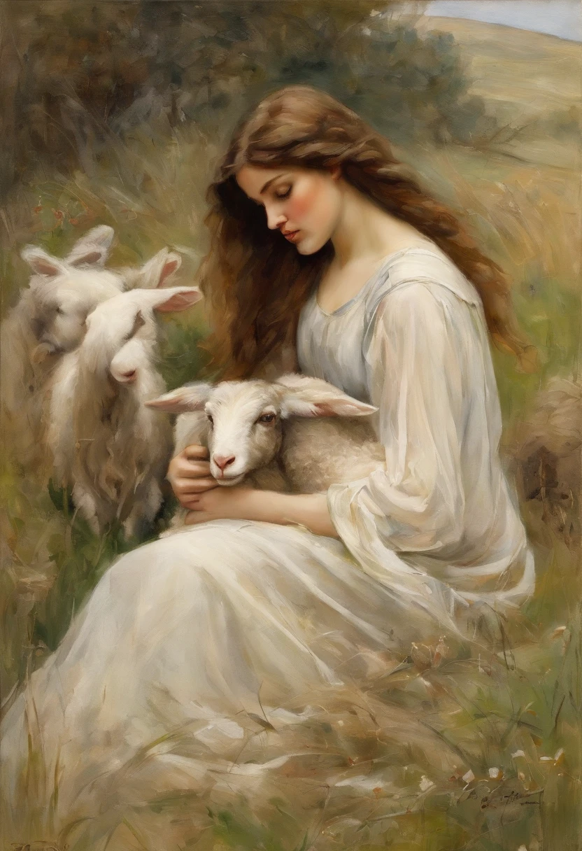 William waterhouse style painting {high quality} {soft beautiful face}, {soft features} long dark hair maiden in meadow laying in a haystack, holding young baby lamb,{ lamb has to have pretty proportiona face and body}, {proportional arms, no extra arms, deformed fingers}