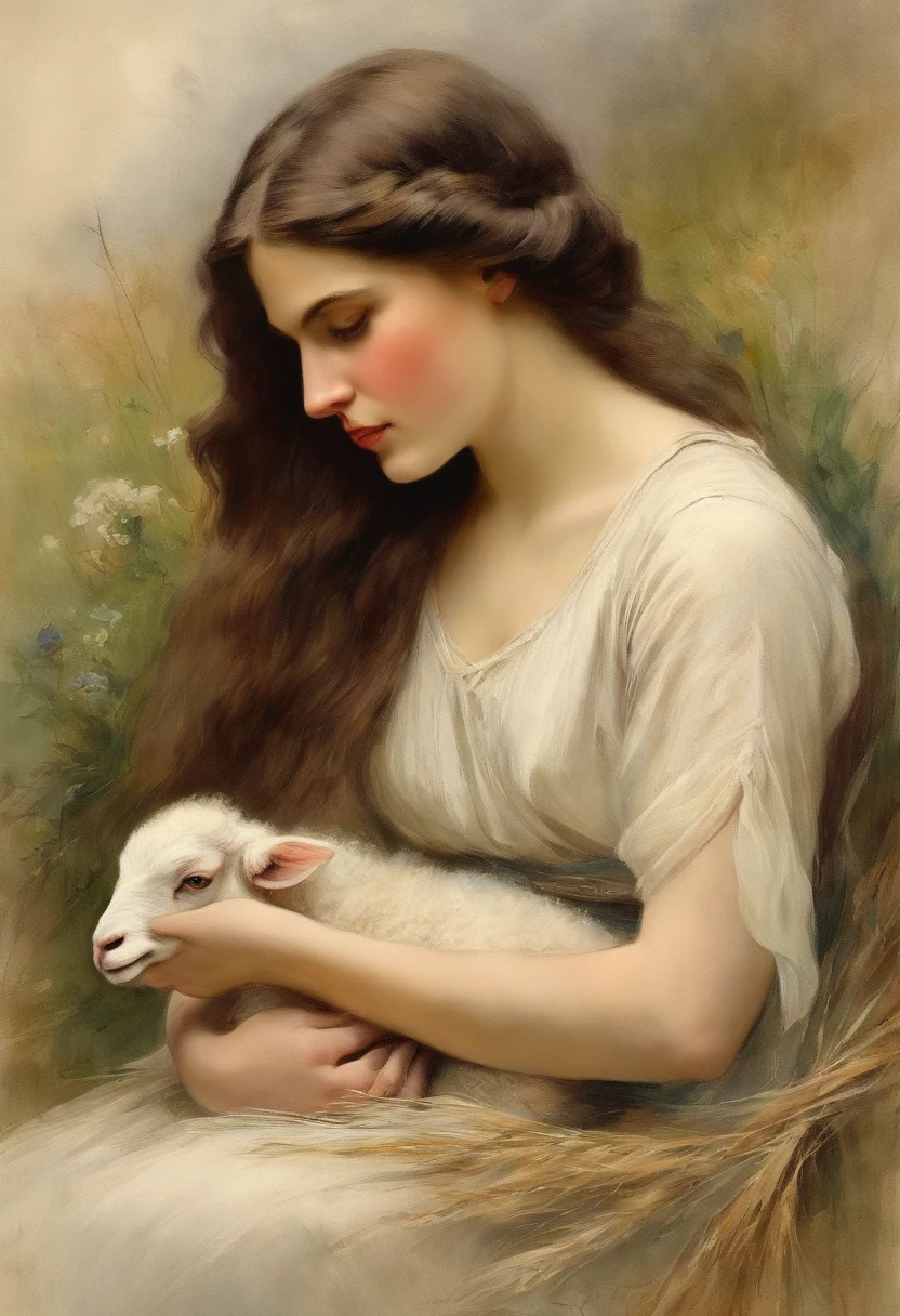 William waterhouse style painting {high quality} {soft beautiful face}, {soft features} long dark hair maiden in meadow laying in a haystack, holding young baby lamb