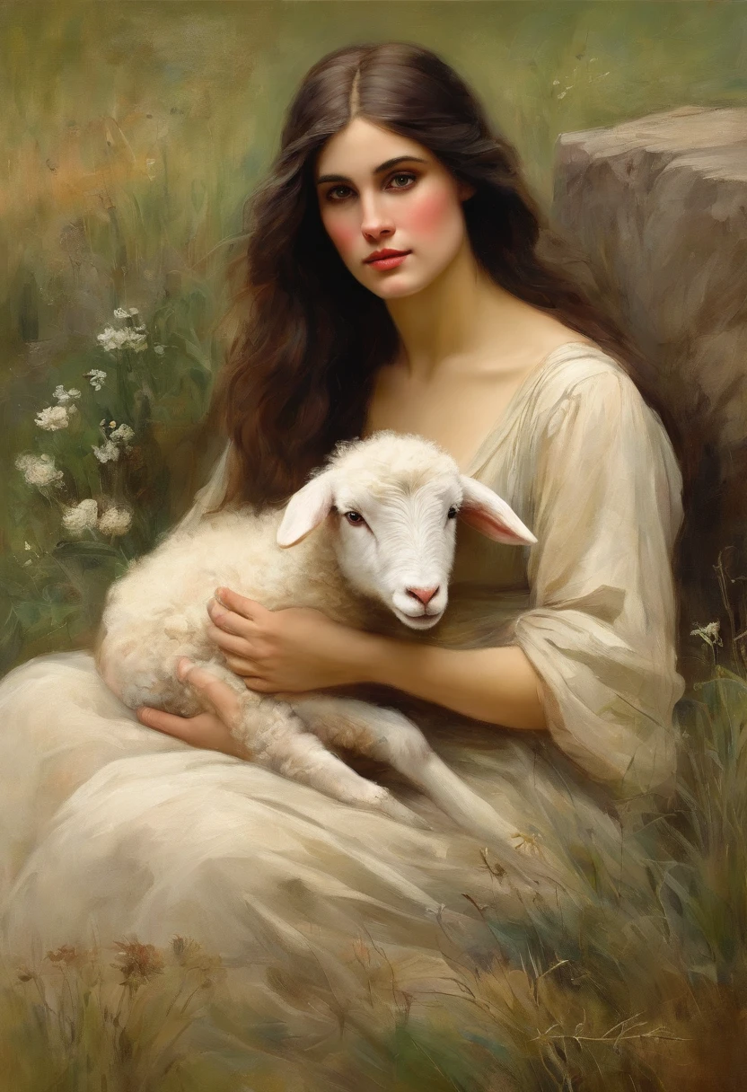 William waterhouse style painting {high quality} {soft beautiful face}, {soft features} long dark hair maiden in meadow laying in a haystack, holding young lamb,{ lamb has to have pretty proportiona face and body}, {proportional arms, no extra arms, deformed fingers}
