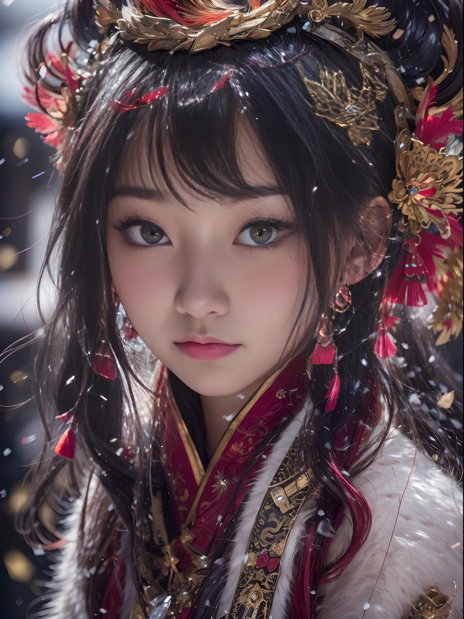 Chinese Tibetan girl, flowing hair, burgundy hair, Onsen District, Flame Girl, Yao Lang protector, python pattern robe, Black gold master Kawashima work headdress, gradient glass texture, ultra-realistic, (masterpiece, hyper HD, 32K), Snowflakes fluttering, high resolution, detailed, RAW photograph, Nikon D850 Film Stock Photo by Jefferies Lee 4 Kodak Portra 400 Camera F1.6 shots, cinestill 800 film, Rich colors, vivid textures, Dramatic lighting, Unreal Engine, trending on ArtStation