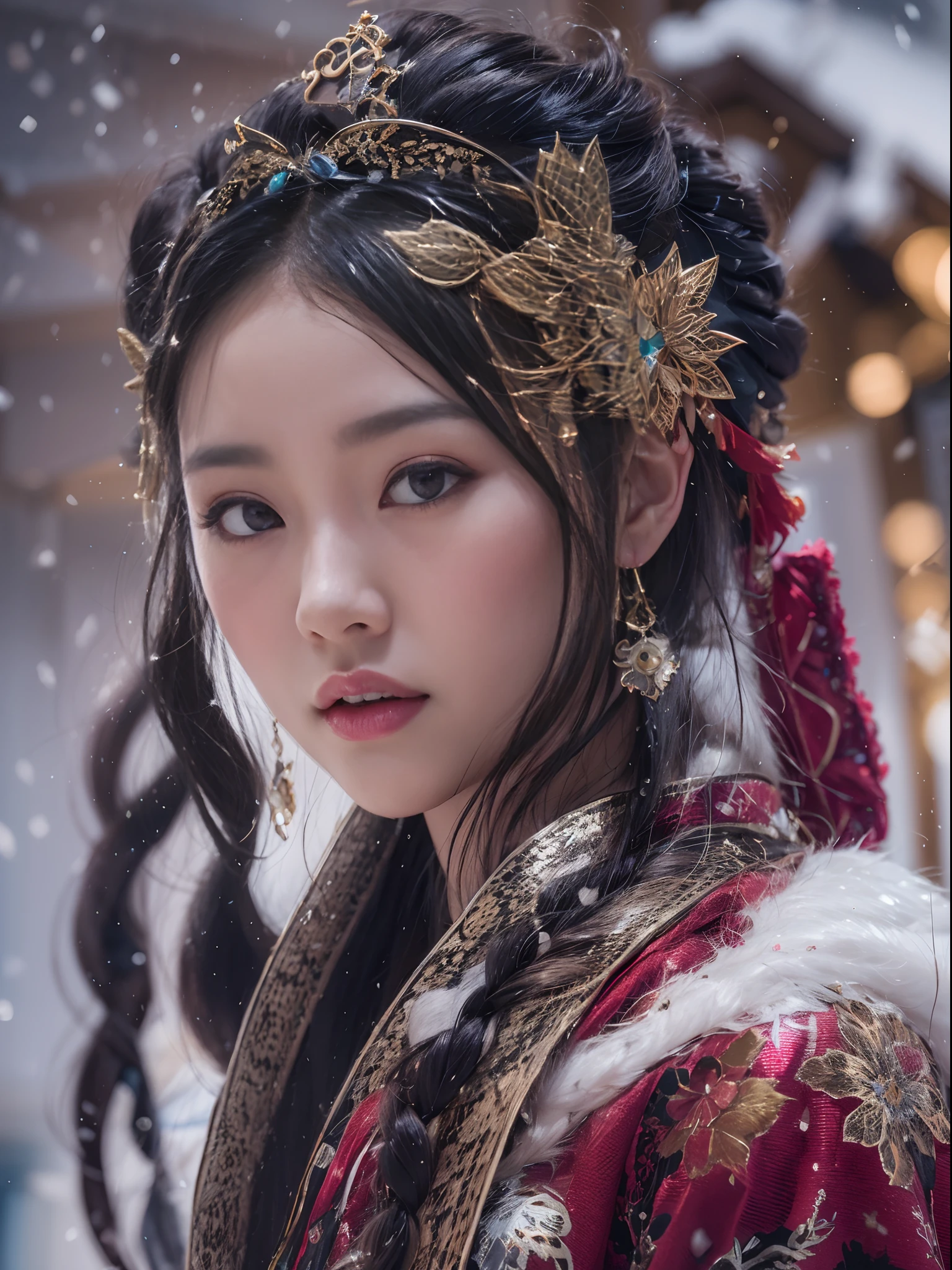 Chinese Tibetan girl, flowing hair, burgundy hair, Onsen District, Flame Girl, Yao Lang protector, python pattern robe, Black gold master Kawashima work headdress, gradient glass texture, ultra-realistic, (masterpiece, hyper HD, 32K), Snowflakes fluttering, high resolution, detailed, RAW photograph, Nikon D850 Film Stock Photo by Jefferies Lee 4 Kodak Portra 400 Camera F1.6 shots, cinestill 800 film, Rich colors, vivid textures, Dramatic lighting, Unreal Engine, trending on ArtStation