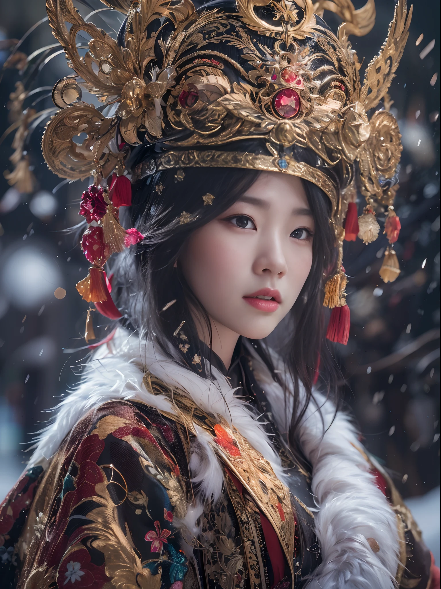 Chinese Tibetan girl, flowing hair, burgundy hair, Onsen District, Flame Girl, Yao Lang protector, python pattern robe, Black gold master Kawashima work headdress, gradient glass texture, ultra-realistic, (masterpiece, hyper HD, 32K), Snowflakes fluttering, high resolution, detailed, RAW photograph, Nikon D850 Film Stock Photo by Jefferies Lee 4 Kodak Portra 400 Camera F1.6 shots, cinestill 800 film, Rich colors, vivid textures, Dramatic lighting, Unreal Engine, trending on ArtStation