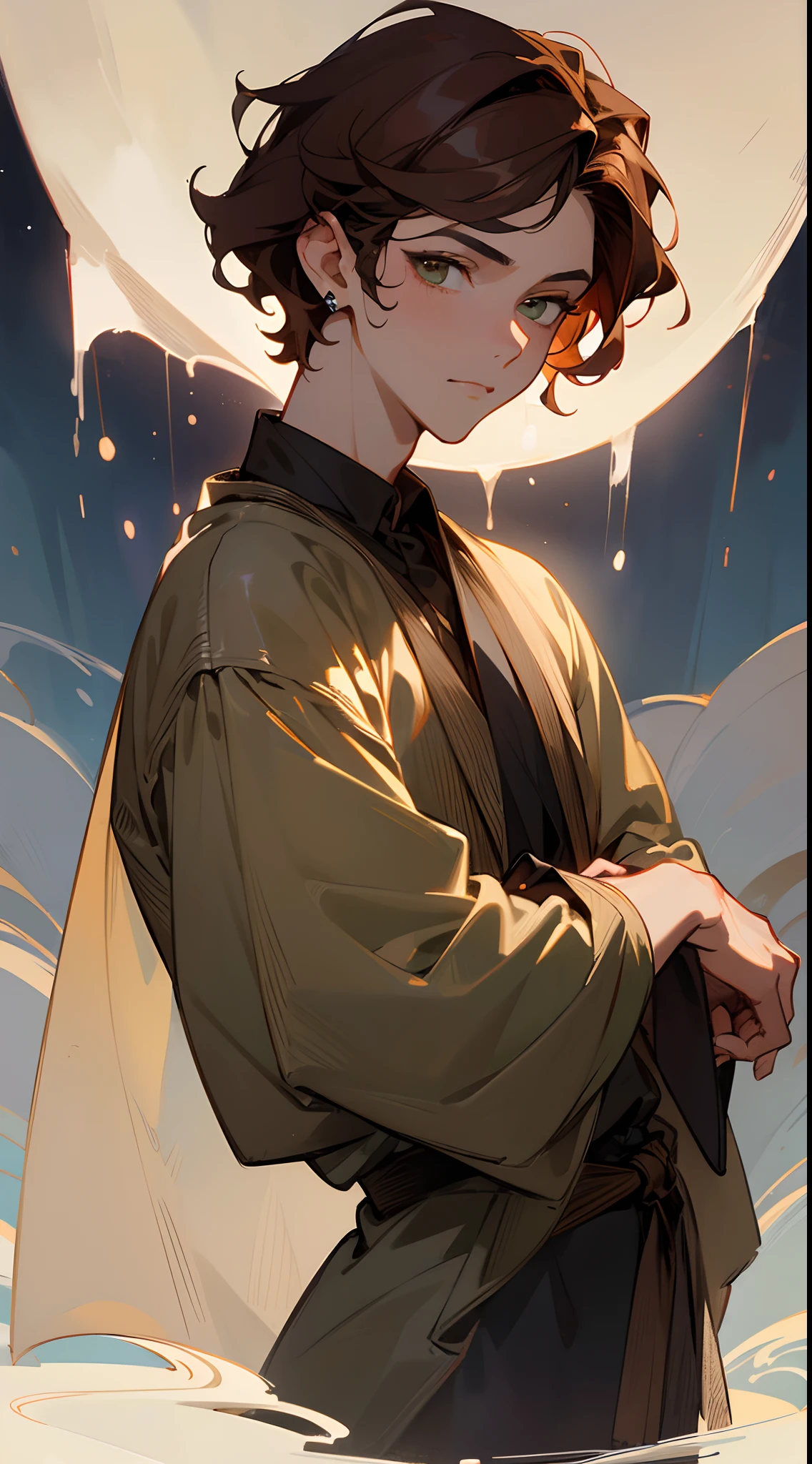 ((tmasterpiece)),(((beste-Qualit))), Close-up of young boy with brown hair, Subsurface scattering skin, Attractive humanoid, in rustic clothes, shirt, high detail, Skinny fantasy man, Fan art, Art, looks at the viewer, handsome male, ruddy, Green eyes, Skinny face, sunken cheeks, Beautiful deep gaze, seductive gaze, Melancholic appearance, sharp chin, Smooth face, earring in the ear, Hair gradient, hair color from brown to red, thin eyebrows, short hair on the side, pixie hairstyle, Wavy Hair, Dark Forest, the night, dim moonlight, Silvery mist