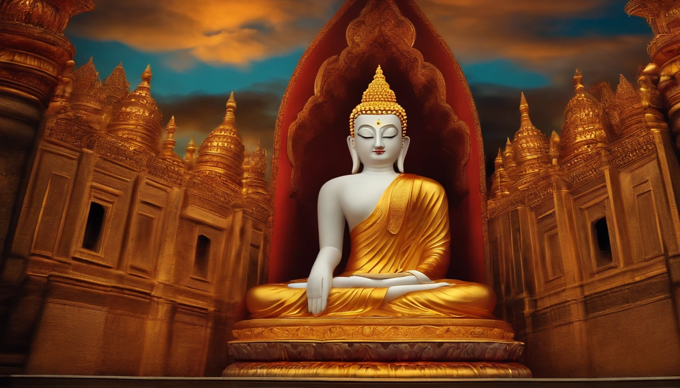 A small Taoist priest stands in front of a transparent red Buddha statue,Stretch your hands,Glow effects,Dingdall effect,depth of fields,high light,Real light,Ray traching,oc rendered,Hyper-realistic,best qualtiy,8K,Works of masters,super-fine,Detailed pubic hair,Correct anatomy,sharp focus on eyes,Bokeh,Facial features are carefully depicted