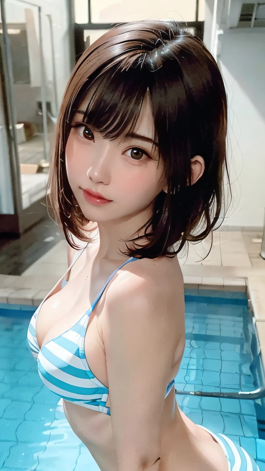 ((large tits、18 years old girls、small head))、(short wavy hair:1.2)、(a street:1.3)、The  is standing、((derriere)))、(derriere)))、(Tiny swimsuit)、(maicro bikini)、(cow-boy shot)))、(((High position)))、arms behind back、Ultra-high-quality photos、Raw photography、beautiful detailed face and eyes、(Highly detailed CG8K wallpapers)、(extreamly delicate and beautiful)、(A masterpice)、(最好质量:1.0)、(ultra-high-resolution:1.0)、Caustics、 Core Shadow、dynamic lights、Realistic Shadows、[Hi-Def]、More skin、superdetailed、Beautiful and delicate lips、delicate finger、Detailed pupils、Real human skin、(Heavily detailed)、、thin clavicle、Soft navel、Soft midriff、Soft back、Angle from the top、beautiful breast、blushful、photoreallistic、Lifelike face、realisticeyes、Small eyes、to grin(colourfull)))、(eye liner)、(mascara)、 ((spread the thighs))、pools