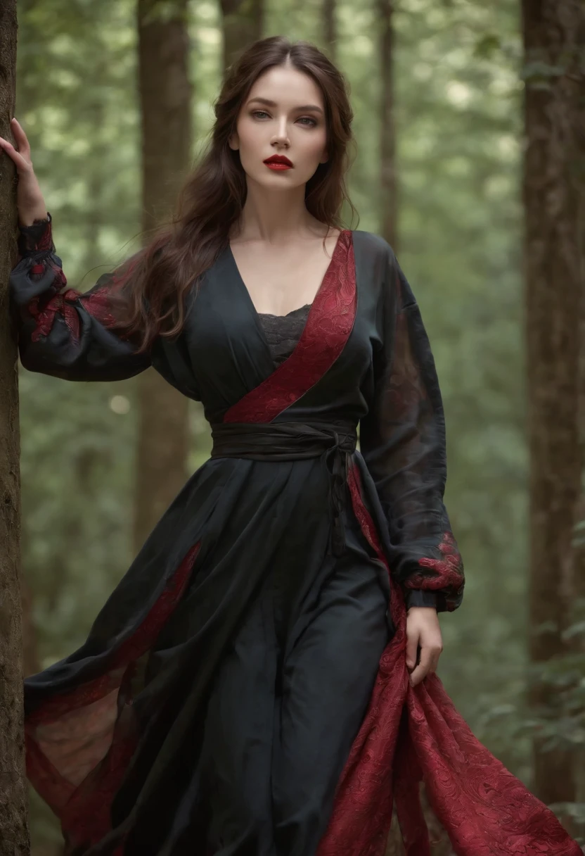 (best quality,highres:1.2),ultra-detailed,(realistic:1.37),dark fantasy,portrait,red lighting,aesthetic colors,gothic,grunge,edgy,fierce expression,standing in a mysterious forest,moonlight shining through the trees,sinister atmosphere,samurai sword glistening,visible sword swing motion,sharp and precise movements,dramatic backlit silhouette,dark makeup,demonic symbol tattoos on arms and legs,smoke surrounding her,expressive body language,captivating gaze,powerful stance,wind blowing through her hair,detailed facial features,meticulously painted eyes,nurtured red lips,impeccable skin texture,flowing garments,flowy long sleeves,mix of modern and traditional clothing style,strong and confident posture,decorative accessories,aura of danger and allure,majestic and alluring presence