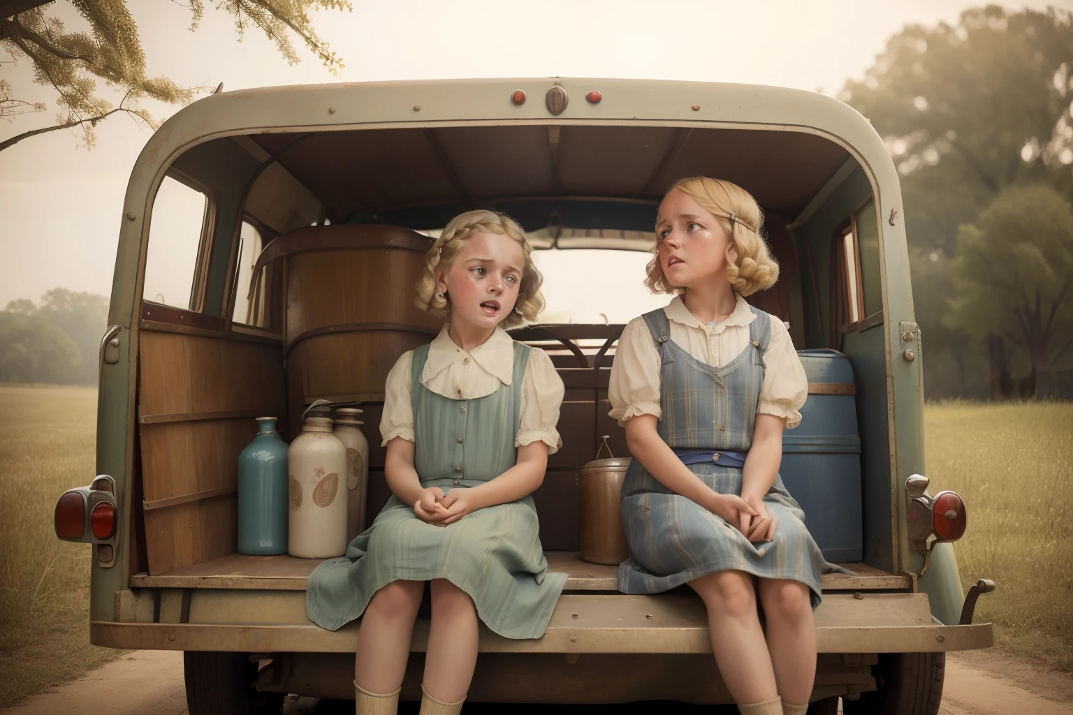 Year: 1939. Location: Memphis, Mississipi. pre-raphaelite blonde sisters,  and 12sitting in the back of a truck trailer, ((crying)) ((terrified)) ((angry)), ((1930s poor country clothes)) ((1930s hairstyle)) ((in the style of "OMITB")) ((cinematic style))