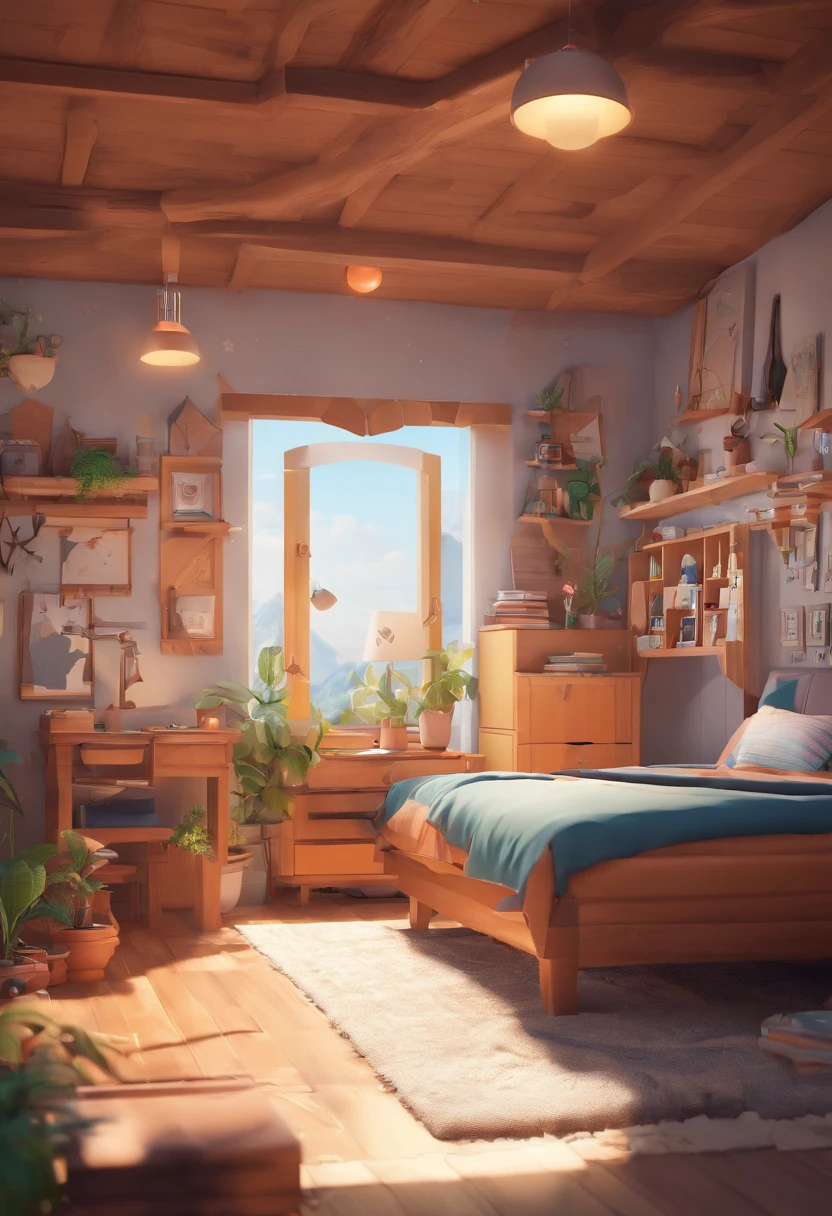 (A little perspective),(pixar-style:1.2),sobu,Beds,sofe,(Small bonsai:0.8),table light,tvp,wall paintings,3D,Disney,panoramic photo,White background,one color background,Global illumination,Ray traching,Modeling,HDR,Octane rendering,unreal render,behance,dribbble,artstation,best qualtiy,8k,