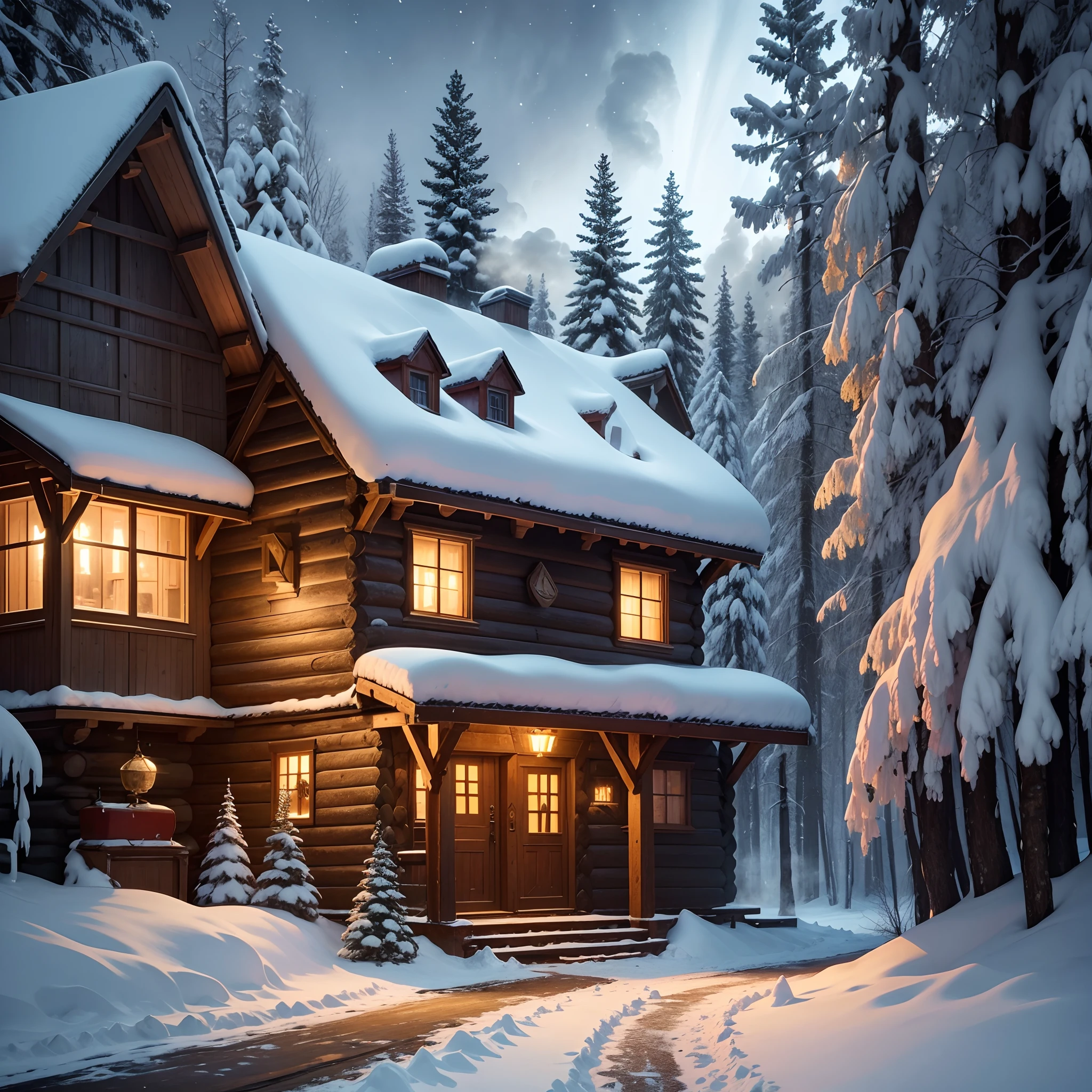 a forest hut,traditional Russian cottage,dark and cozy interior,smoke coming out of the chimney,wooden logs stacked outside,brightly lit windows,thick snow covering the ground,frozen icicles hanging from the roof,smell of burning wood,quiet and peaceful surroundings,traditional handicrafts and decorations,hand-painted ceramic tiles,large fireplace with crackling fire,old books and antiques,rough and textured wooden furniture,traditional Russian samovar,steaming hot tea,cute and cuddly pet cat,long and winding path leading to the hut,shimmering light filtering through the trees,ancient pine trees covered in snow,sparkling starry sky above,stunning Aurora Borealis in the distance,magical and enchanting atmosphere.