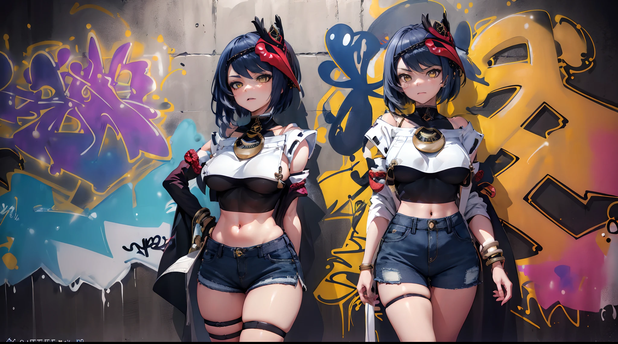 Kujou Sara Genshin Effect, masterpiece, bestquality, 1girls, bara, crop top, shorts jeans, choker, (Graffiti:1.5), Splash color into letters"Kujou Sara", arm behind back, against wall, looking at the audience, bracelet, Thigh strap, Paint on the body......................., Head tilt, bored, multicolored hair, water eyes, headset,