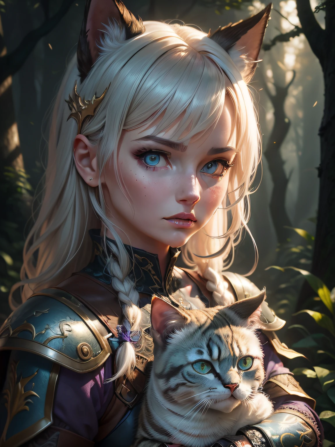girl holding cat, cat ears, chibi, blue, gold, white, purpple, dragon scaly armor, forest background, fantasy style, (dark shot:1.17), epic realistic, faded, ((neutral colors)), art, (hdr:1.5), (muted colors:1.2), hyperdetailed, (artstation:1.5), cinematic, warm lights, dramatic light, (intricate details:1.1), complex background, (rutkowski:0.8), (teal and orange:0.4), colorfull, (natural skin texture, hyperrealism, soft light, sharp:1.2), (intricate details:1.12), hdr, (intricate details, hyperdetailed:1.15), white hair,
