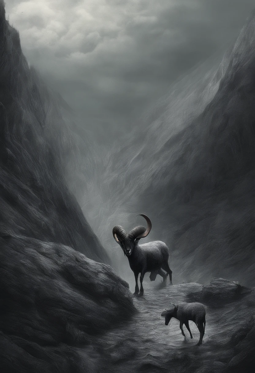 /imagine prompt: A ram jumps down a steep cliff,This was followed by a flock of sheep jumping down。 artwork of a, mixed media, Combine digital painting with traditional painting,For actions, Dynamic and detailed, --AR 16:9 --V 5
