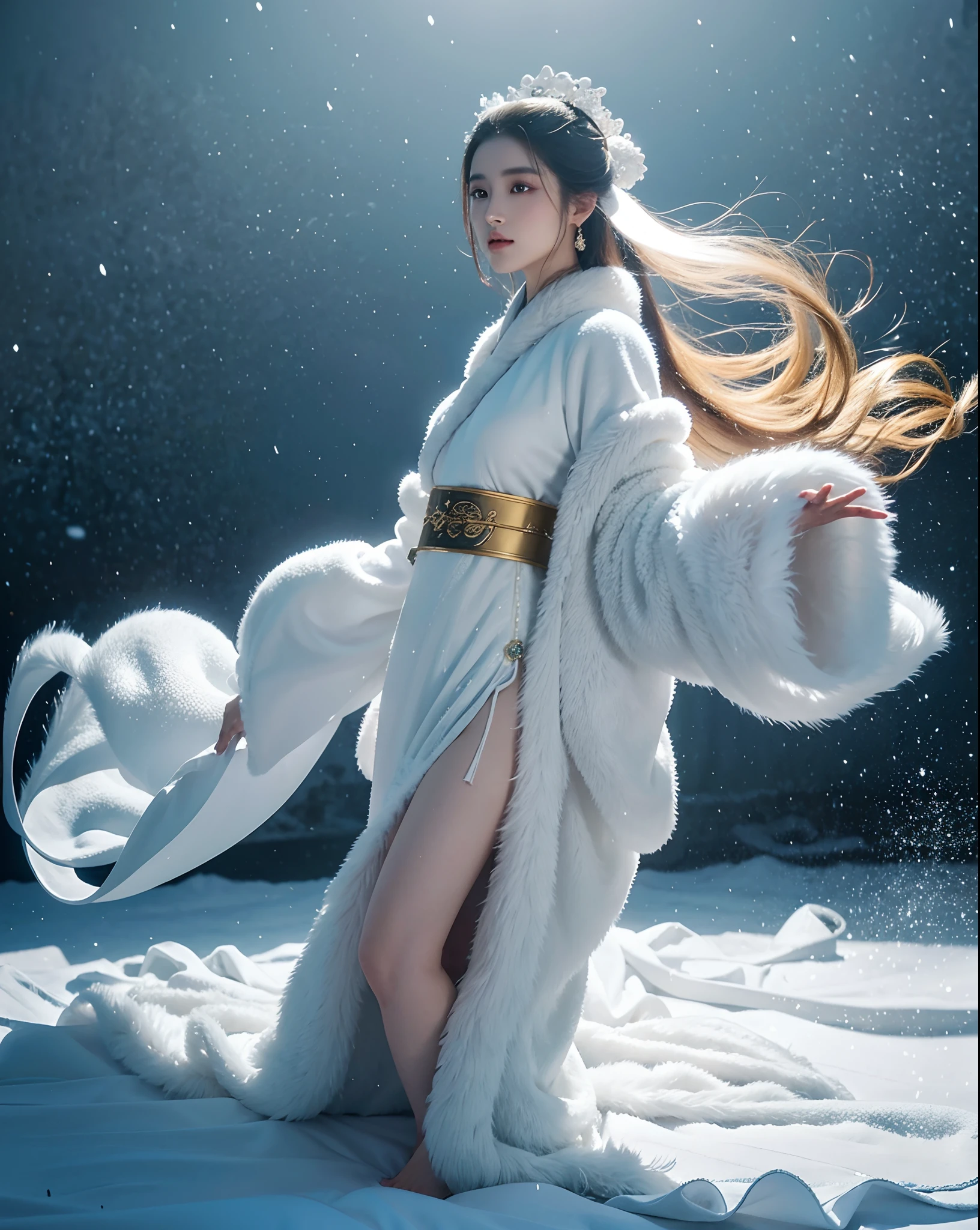 araffe woman in a white and gold dress and fur stole, full body xianxia, white hanfu, hanfu, flowing hair and long robes, a beautiful fantasy empress, wearing ancient chinese clothes, with acient chinese clothes, flowing magical robe, high quality costume, inspired by Huang Ji, palace , a girl in hanfu, wearing a luxurious silk cloak
