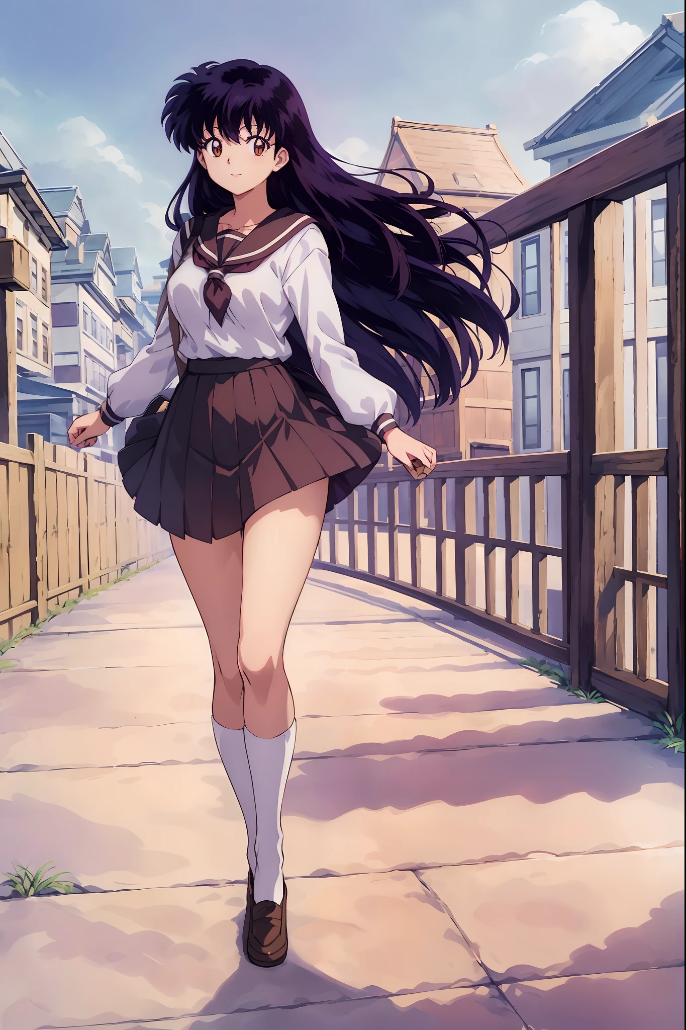 (Best Quality), 1Woman,1Kagome Higurashi Girl, Brown eyes, Full body, Realistic Photos, (hyperrealistic:1.2), perfect eyes, perfect face, perfect illumination, outdoors, warm colors, Town, school uniforms, happy, , walking,, smile, pantyhose