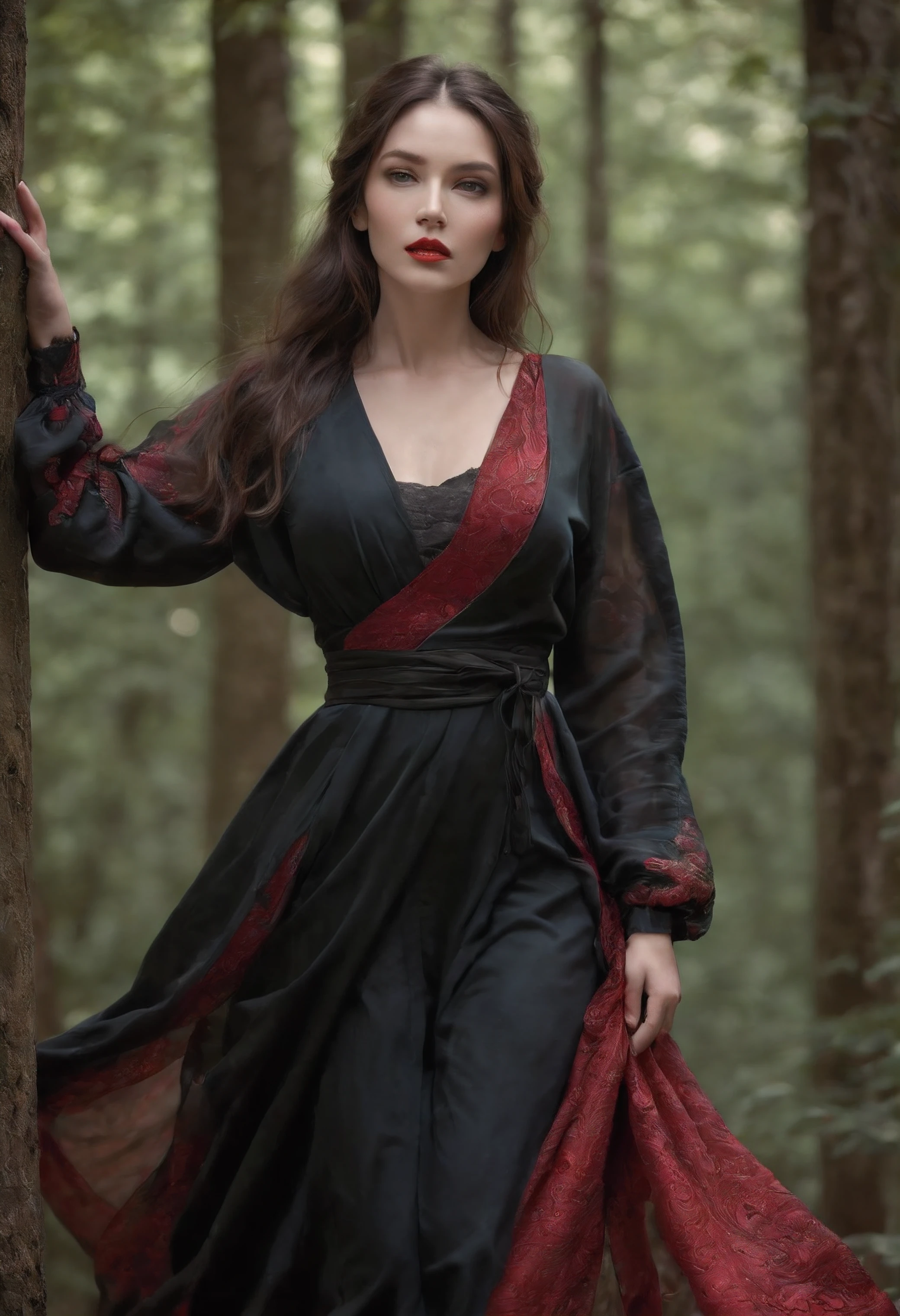 (best quality,highres:1.2),ultra-detailed,(realistic:1.37),dark fantasy,portrait,red lighting,aesthetic colors,gothic,grunge,edgy,fierce expression,standing in a mysterious forest,moonlight shining through the trees,sinister atmosphere,samurai sword glistening,visible sword swing motion,sharp and precise movements,dramatic backlit silhouette,dark makeup,demonic symbol tattoos on arms and legs,smoke surrounding her,expressive body language,captivating gaze,powerful stance,wind blowing through her hair,detailed facial features,meticulously painted eyes,nurtured red lips,impeccable skin texture,flowing garments,flowy long sleeves,mix of modern and traditional clothing style,strong and confident posture,decorative accessories,aura of danger and allure,majestic and alluring presence